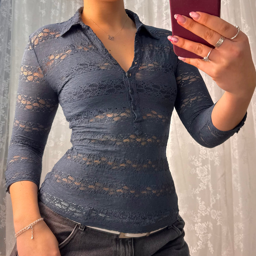 Blue lace button up top
