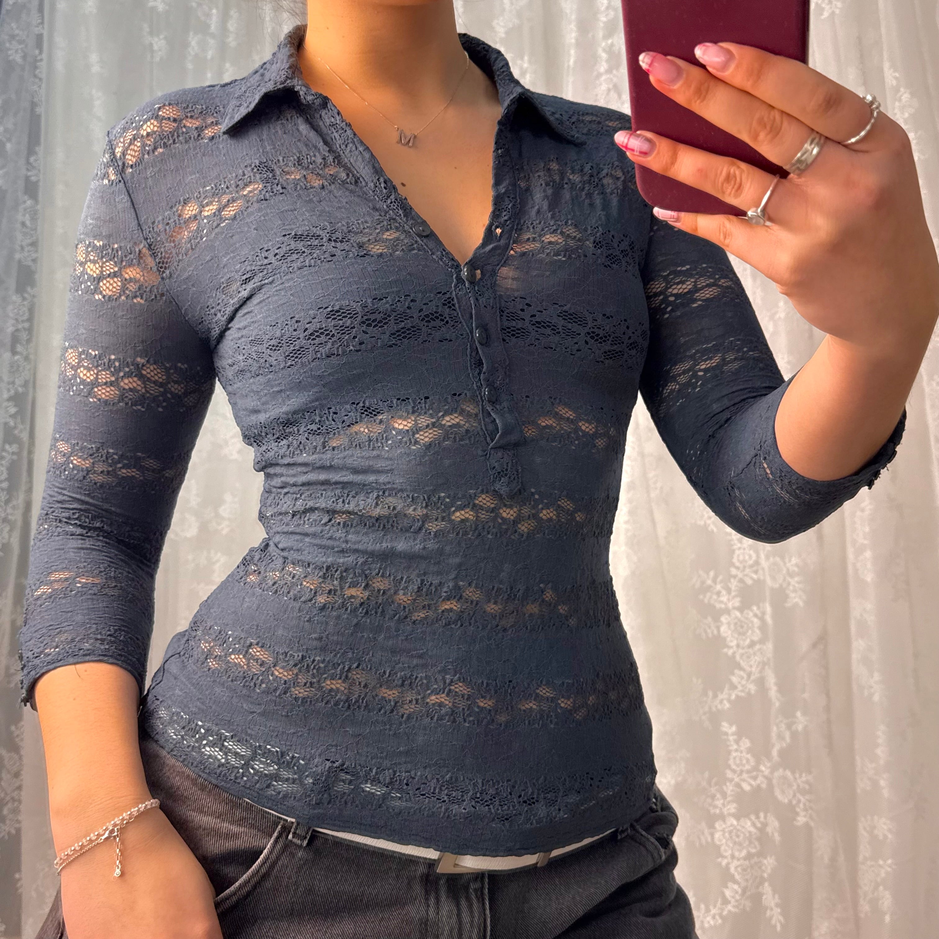 Blue lace button up top