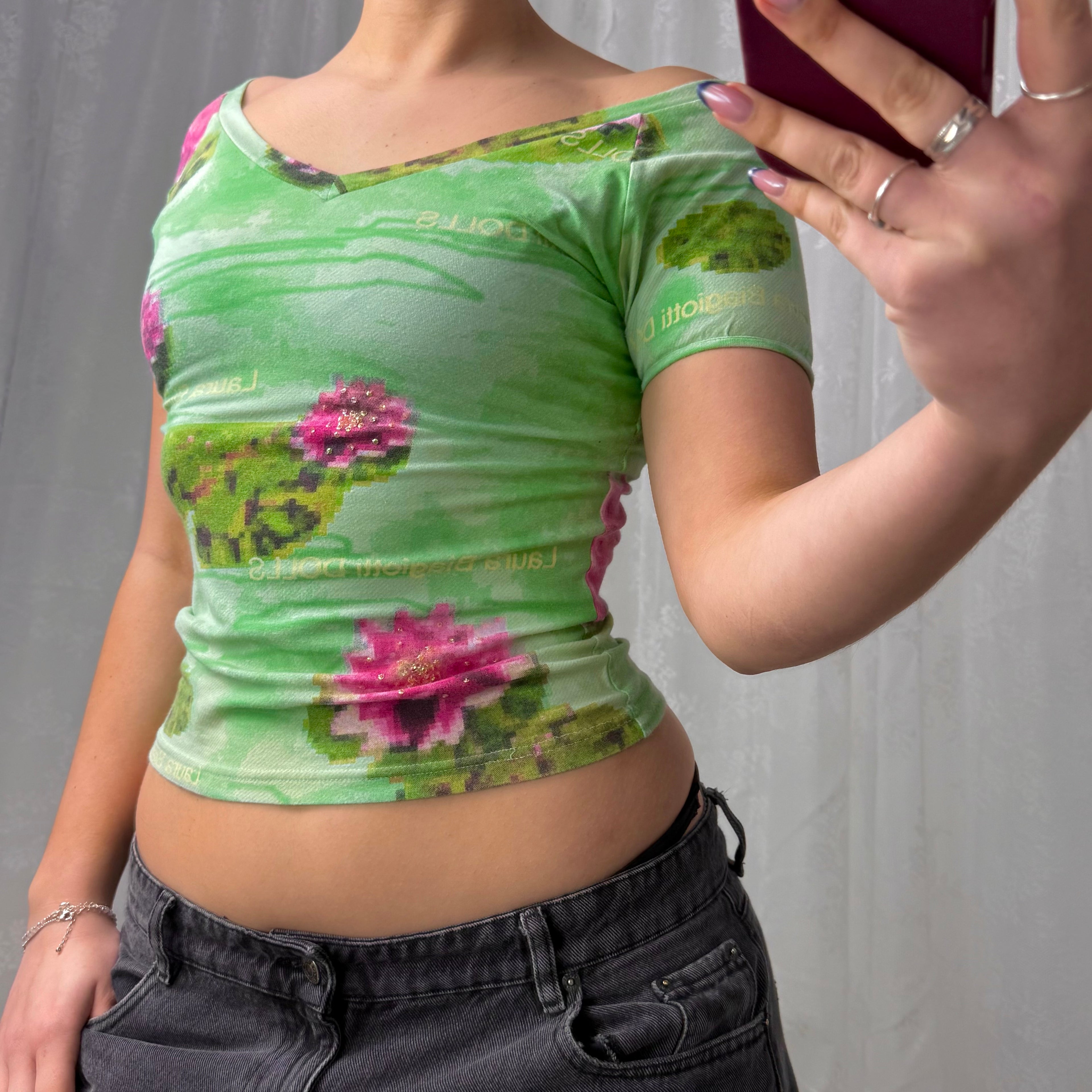 Green patterned off the shoulder top