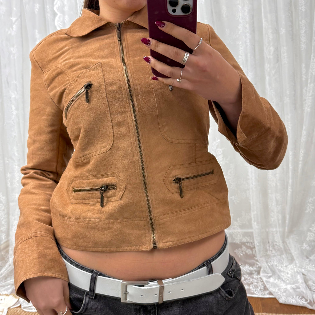 Tan brown suede style jacket with collared detail