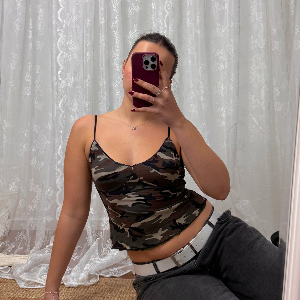 Double layered mesh camouflage cami top