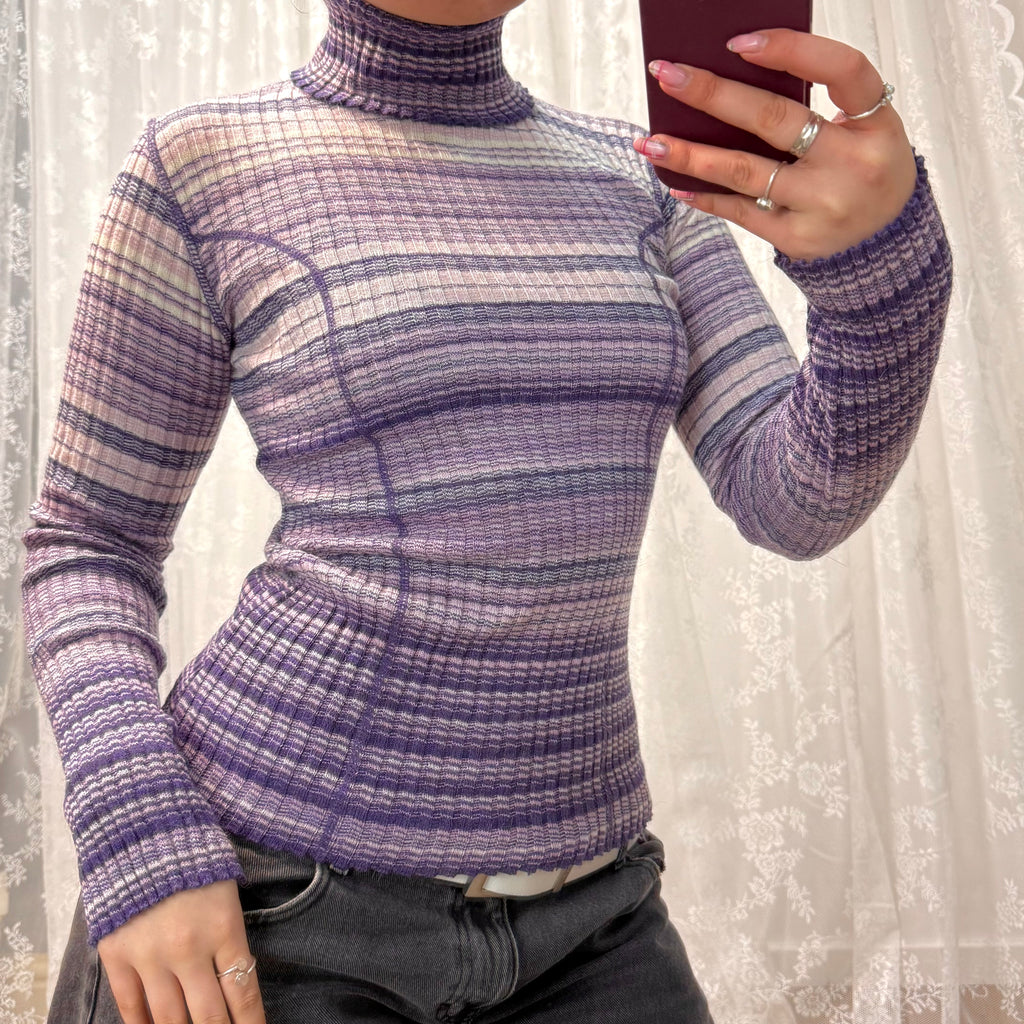 Purple and white wool blend turtleneck