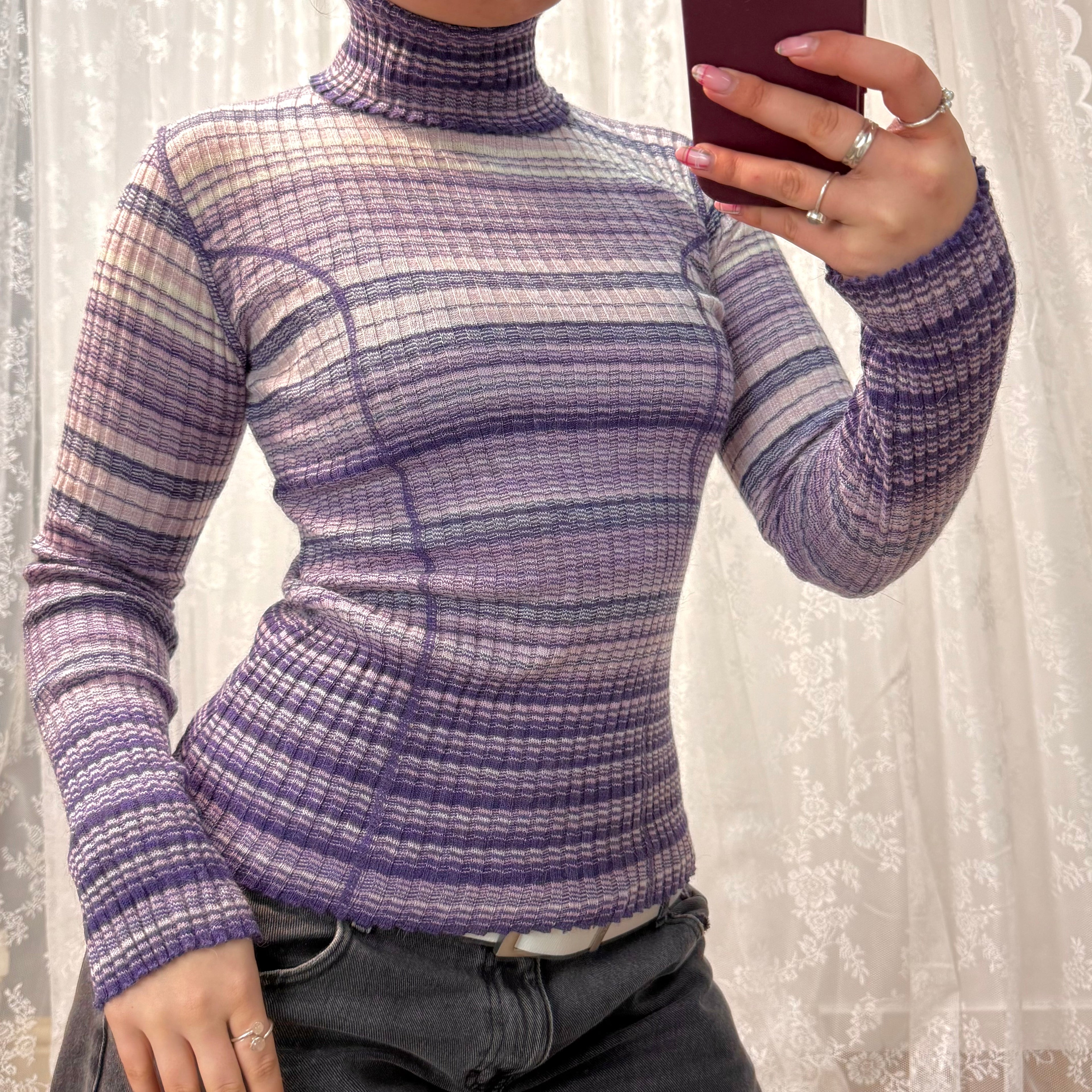 Purple and white wool blend turtleneck