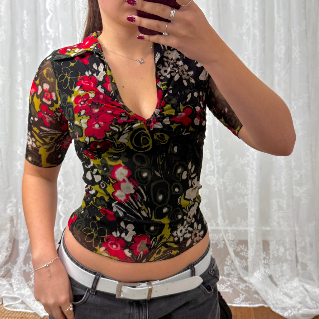 Black floral mesh collared top