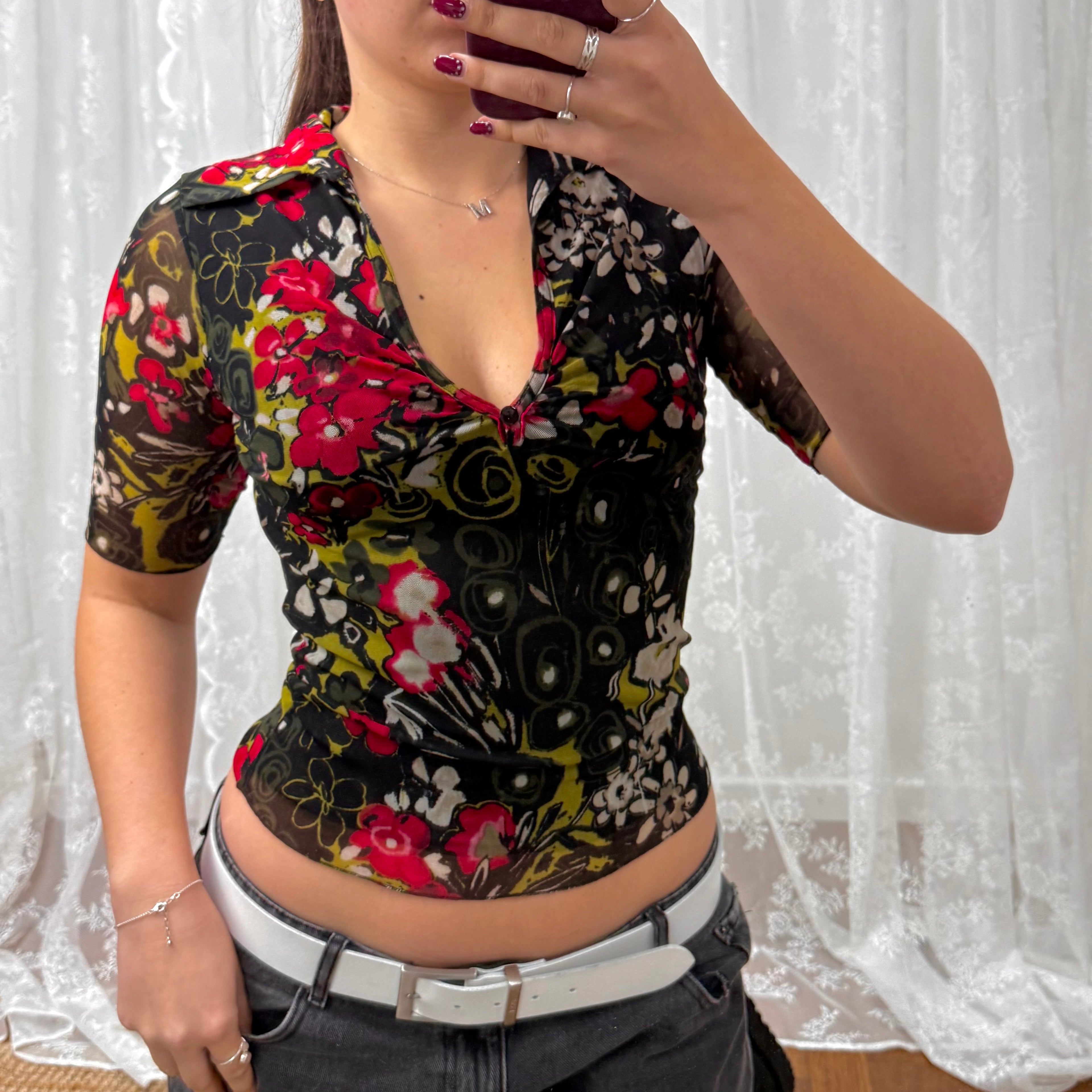 Black floral mesh collared top