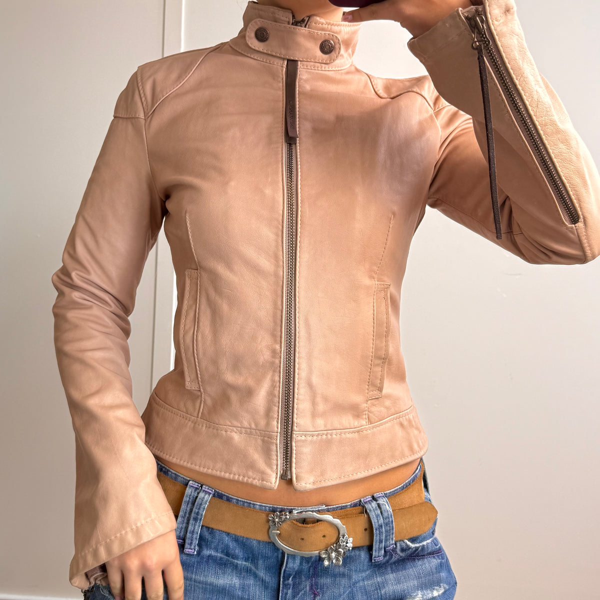 Pale pink/beige leather zip up jacket