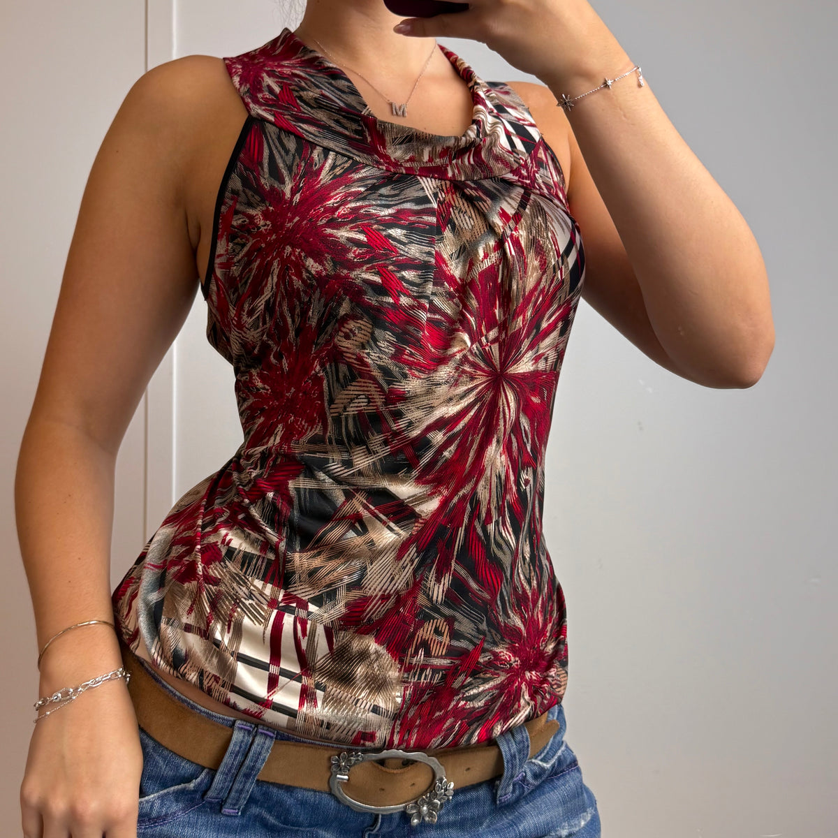 Red and beige slinky cami with tie back