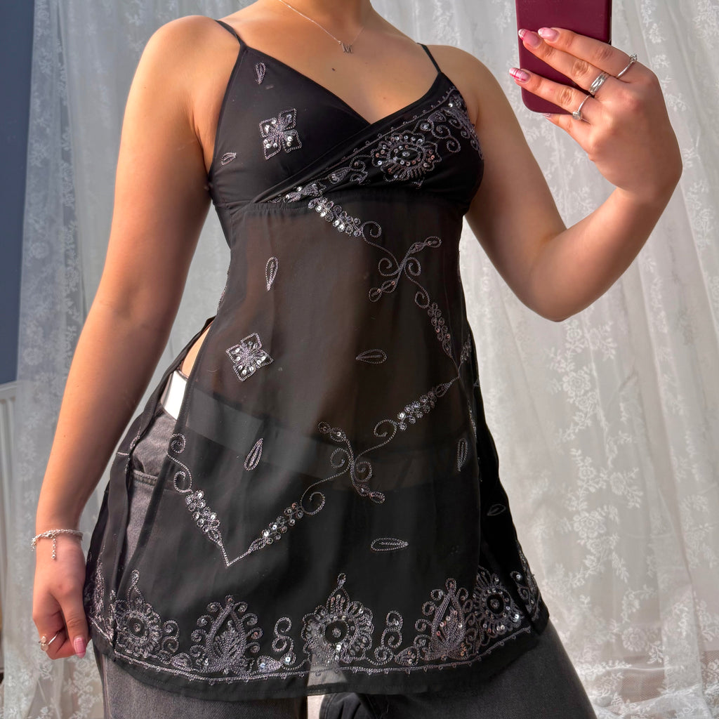 Black sequin mesh long lined cami
