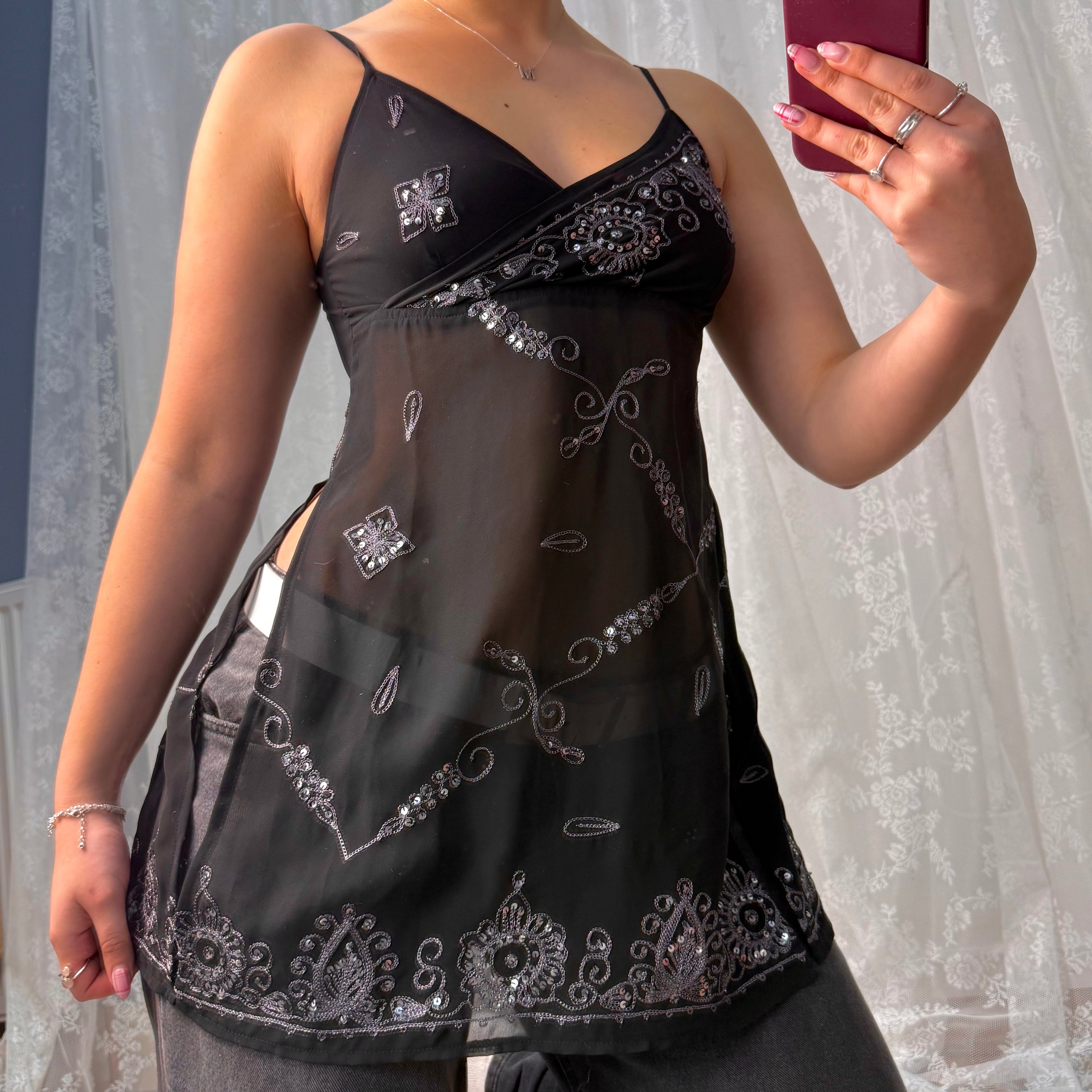 Black sequin mesh long lined cami