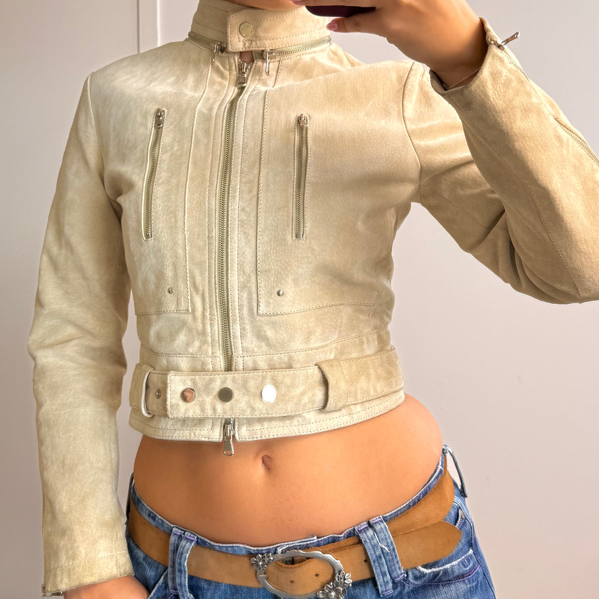 Sand suede cropped jacket