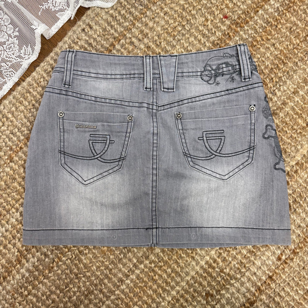Grey denim embroided mini skirt