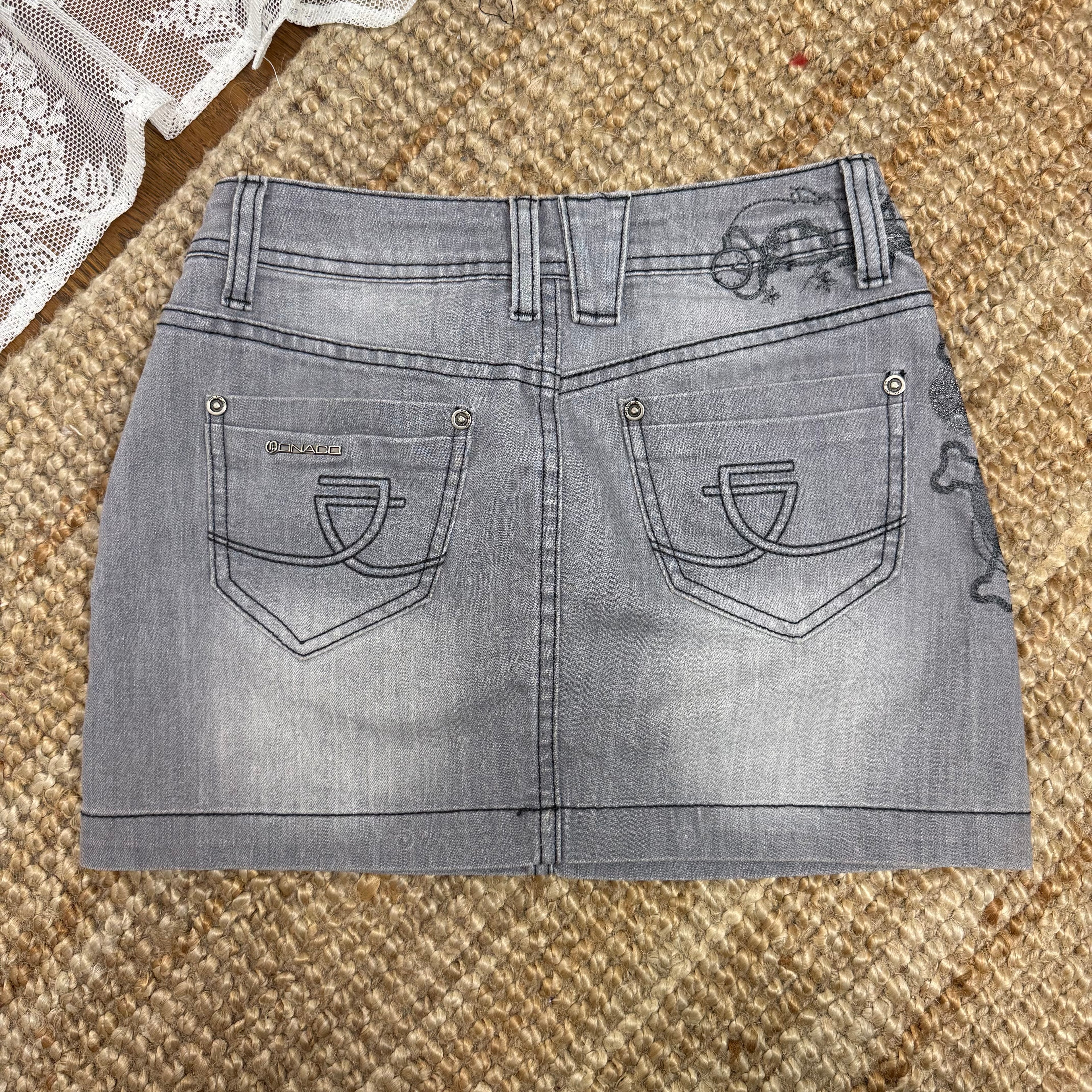 Grey denim embroided mini skirt