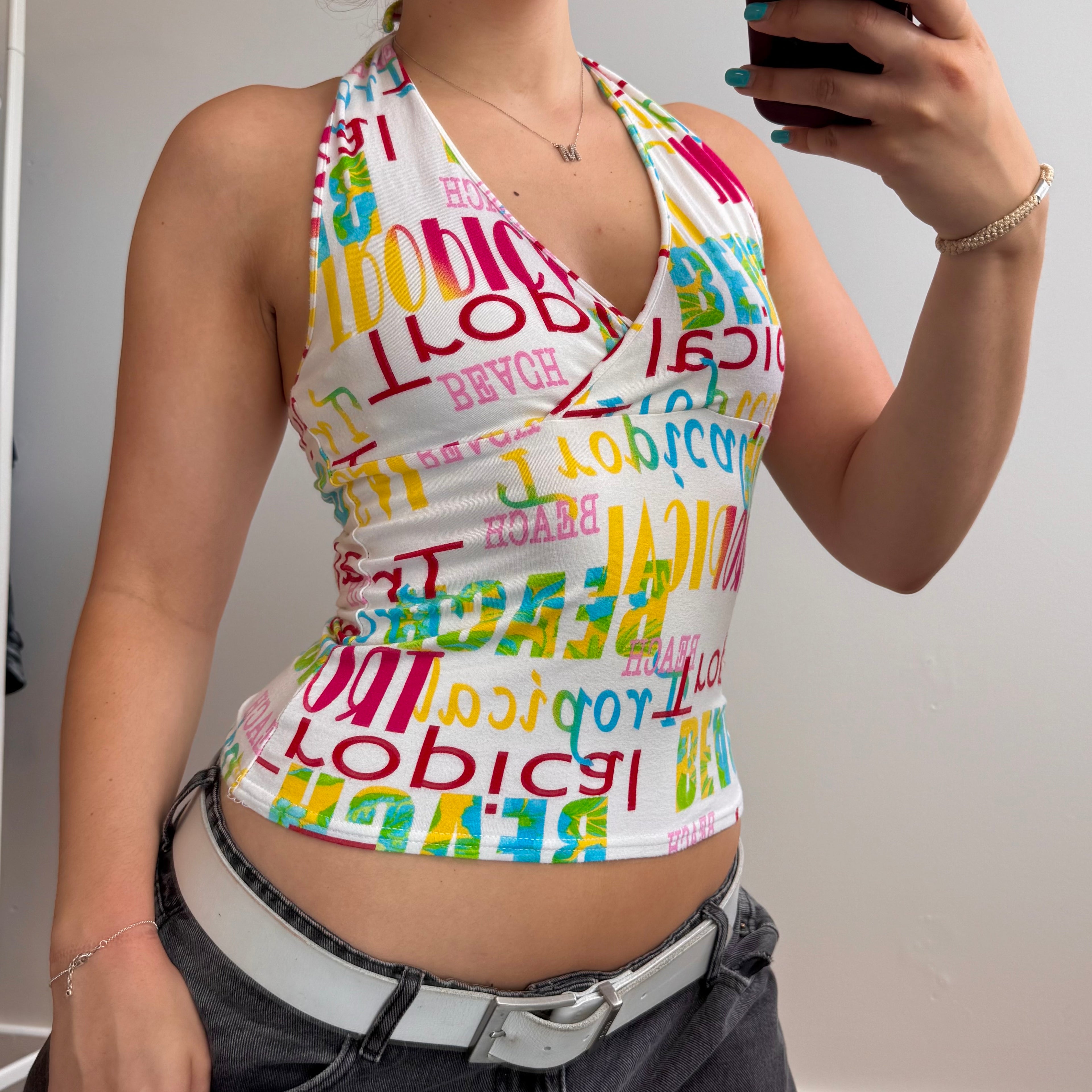 White colourful spellout halterneck top