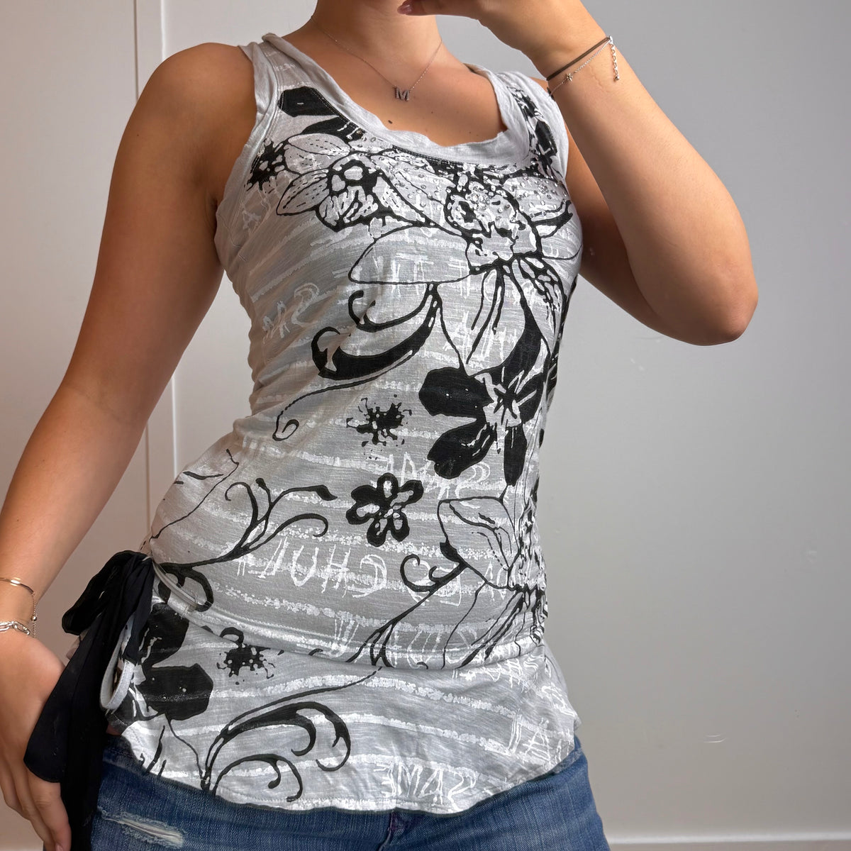 Black and grey patterned frill tank top
