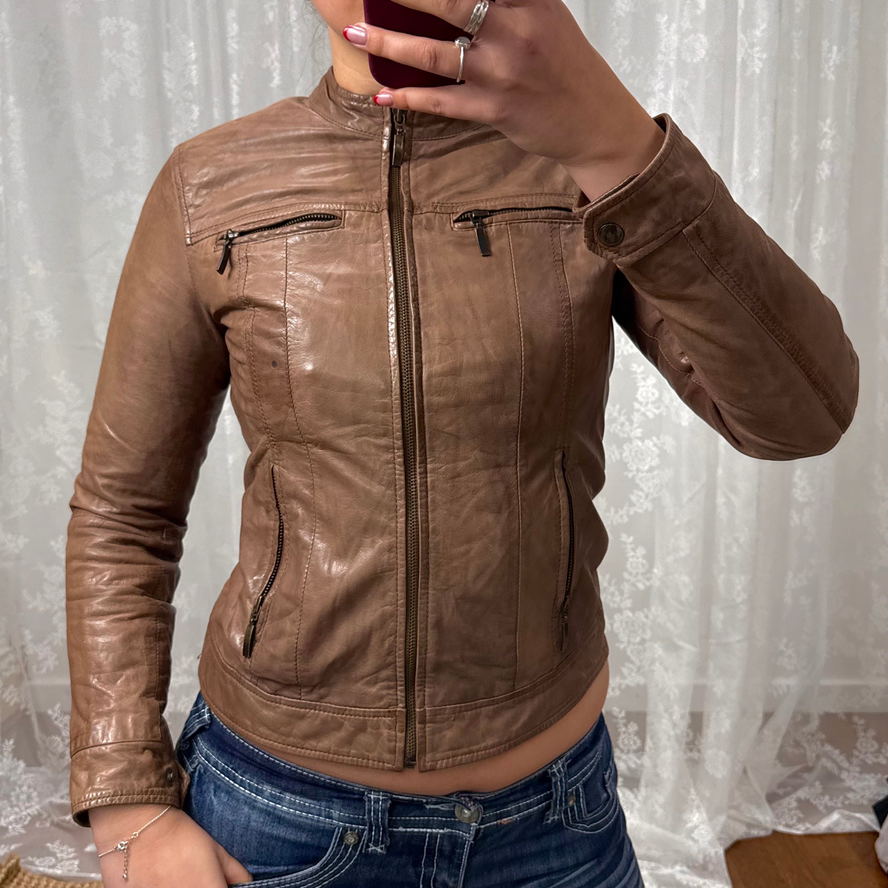 Brown leather zip up jacket
