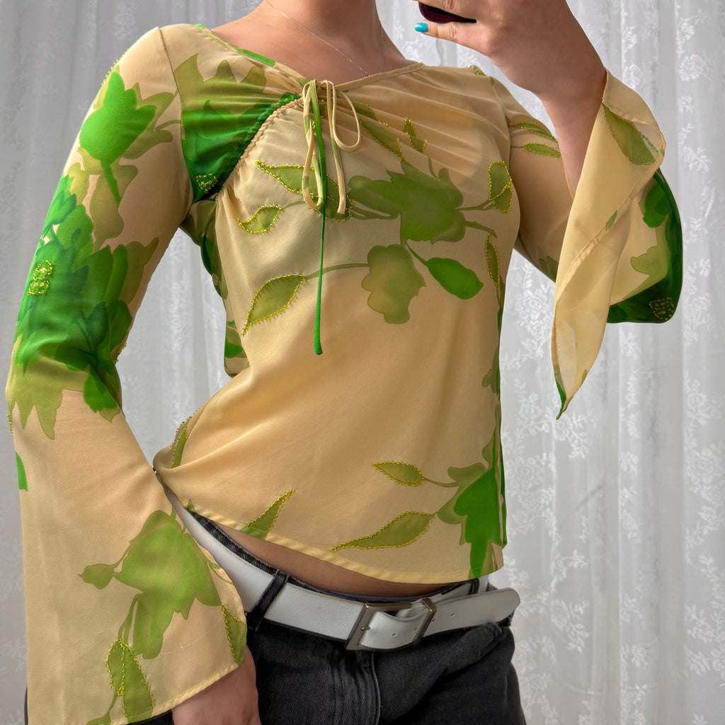 Beige and green beaded mesh long sleeve with tie detail