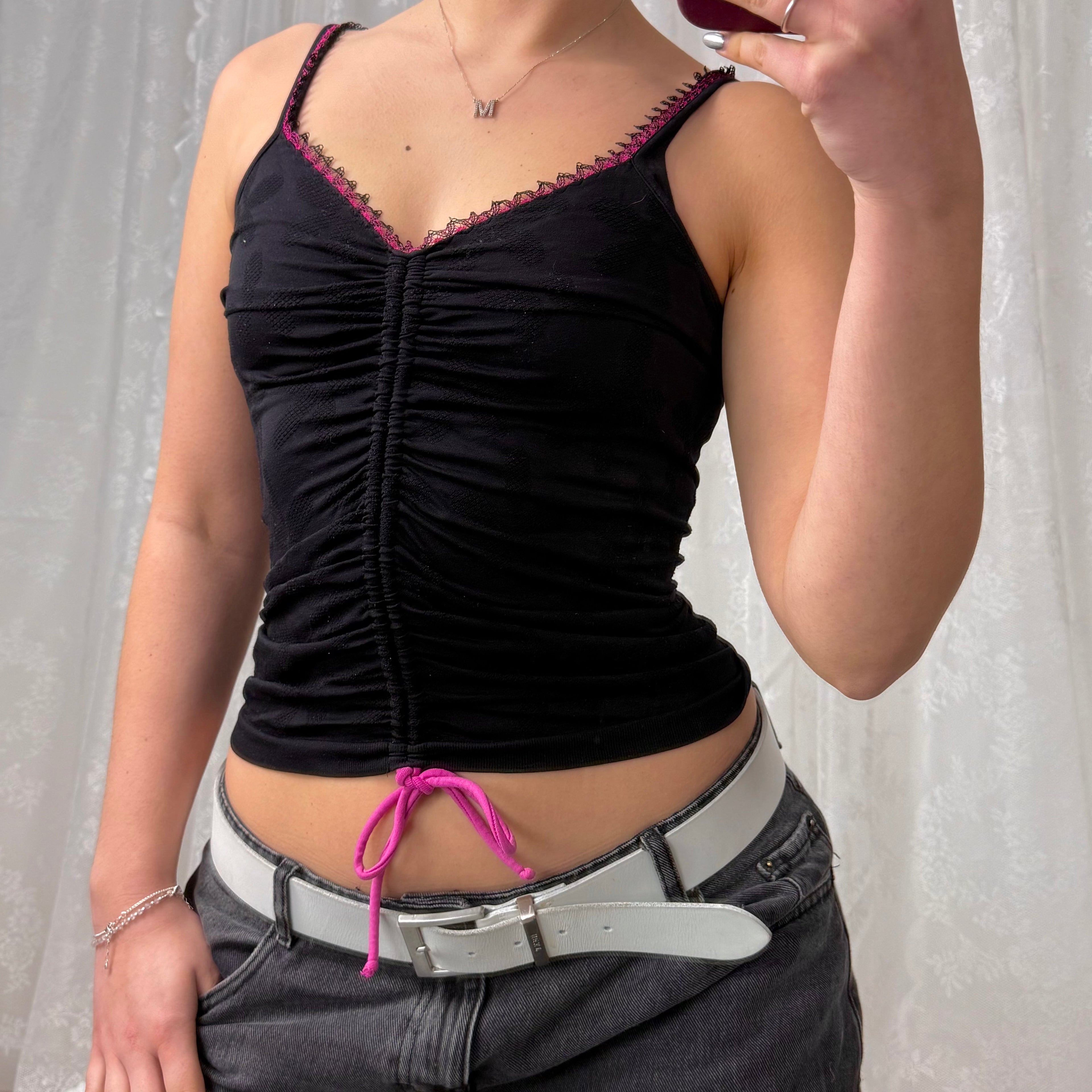 Black and pink ruched tie up top