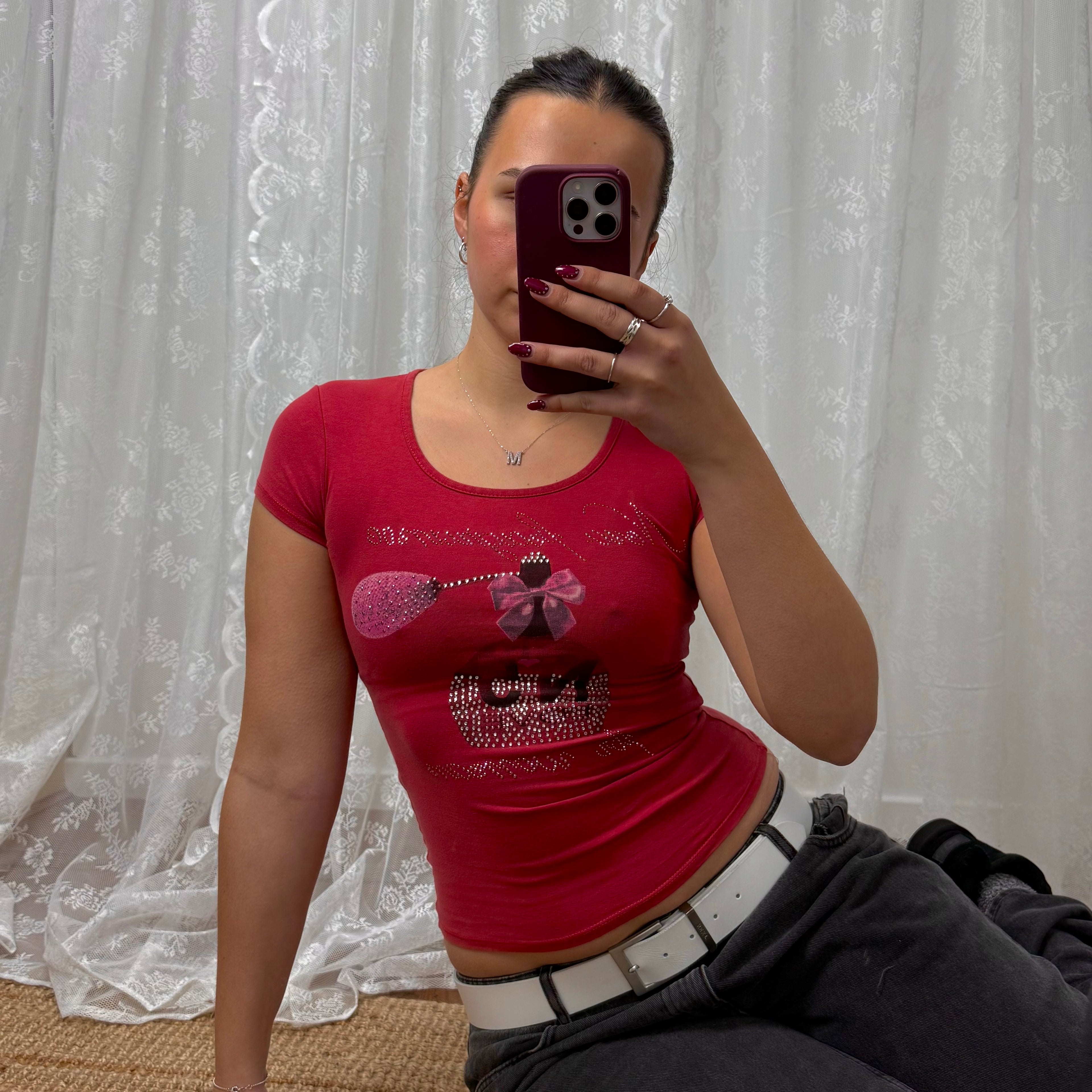 Pink y2k perfume baby tee with rhinestone detailing