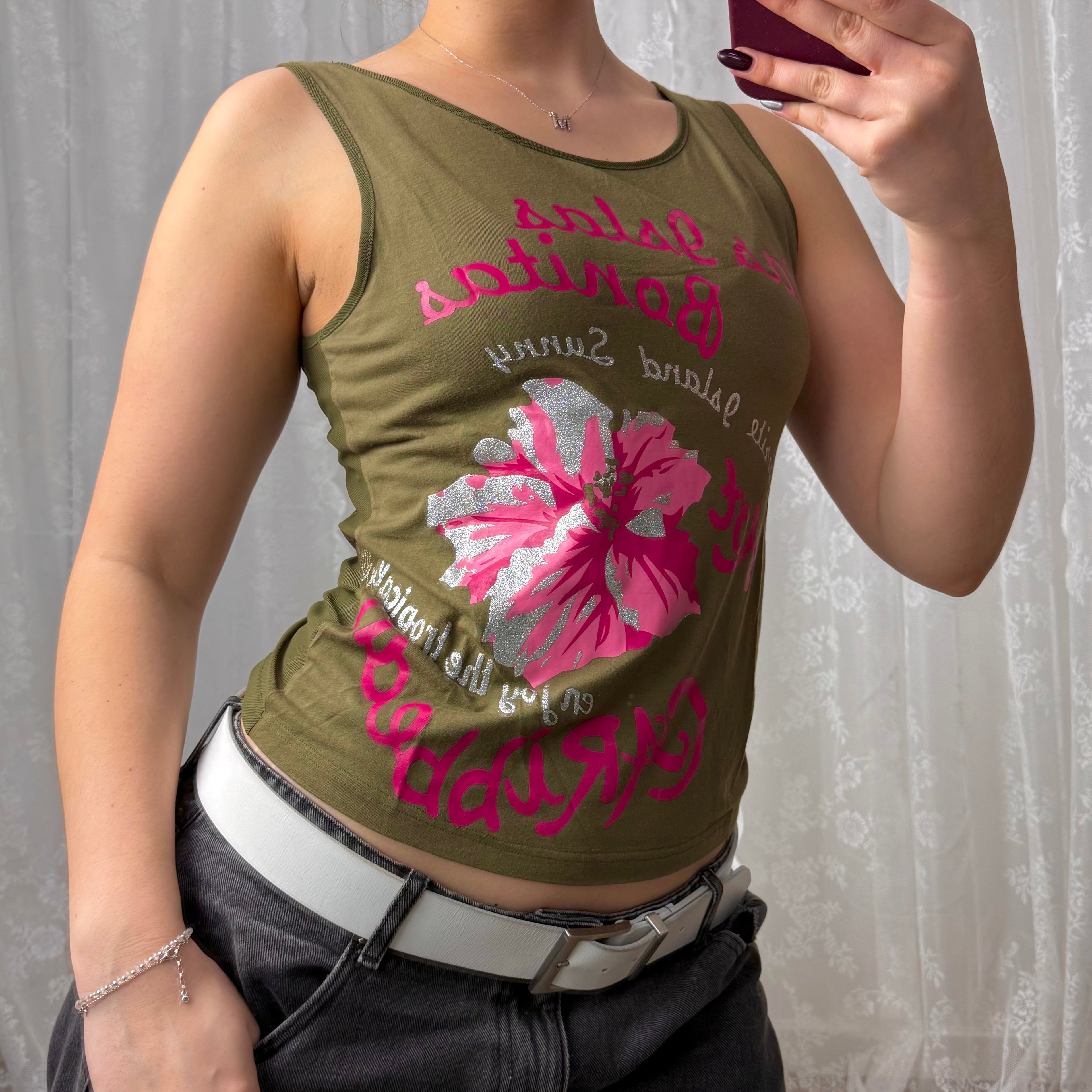 Green and pink tank top with mesh back