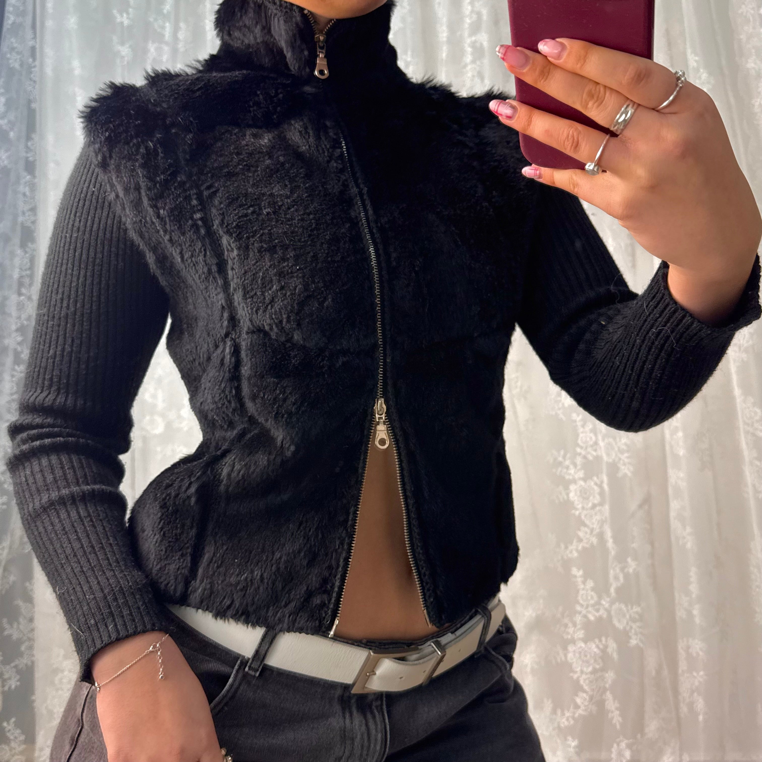 Black fur double zip sweater