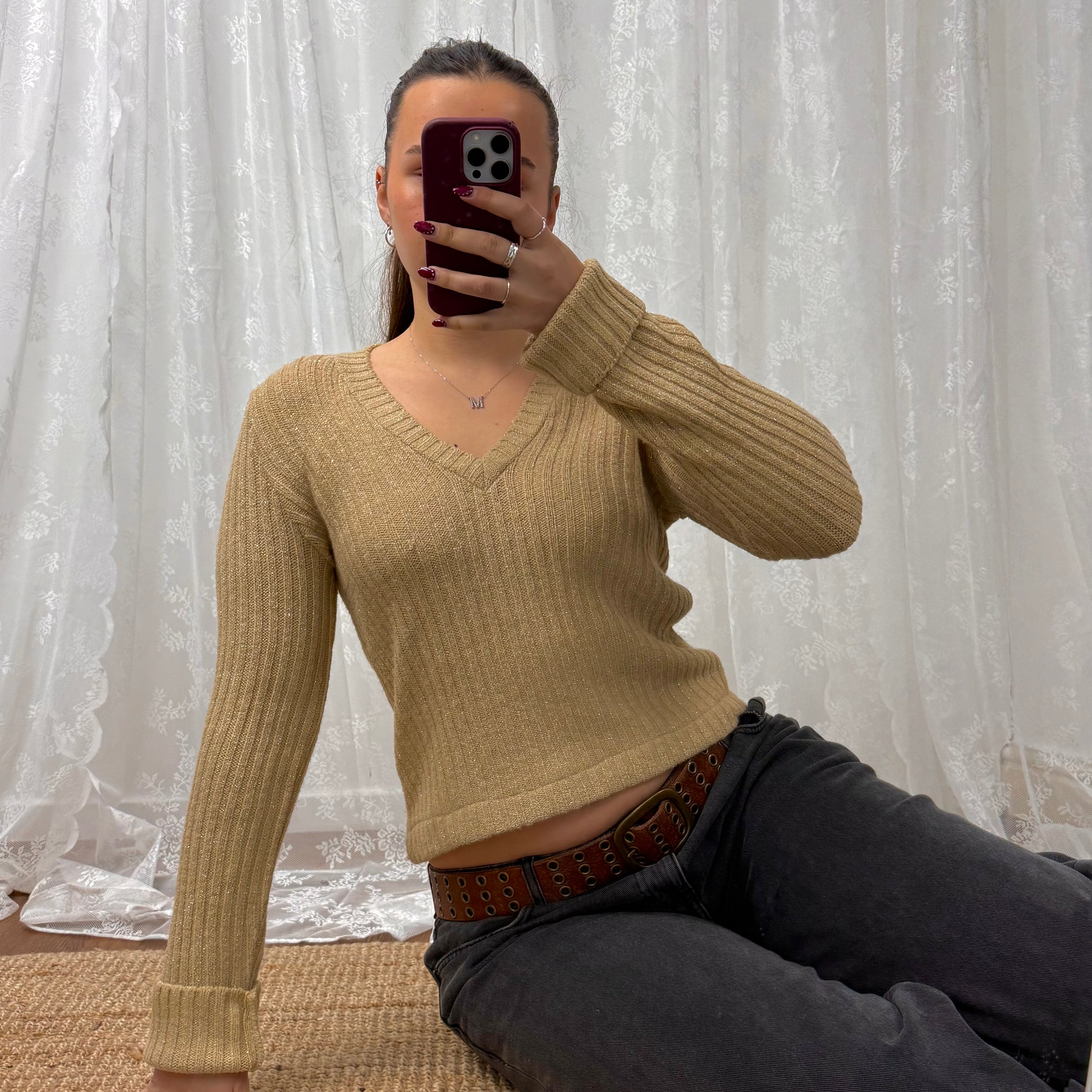 Gold glittery v neck sweater