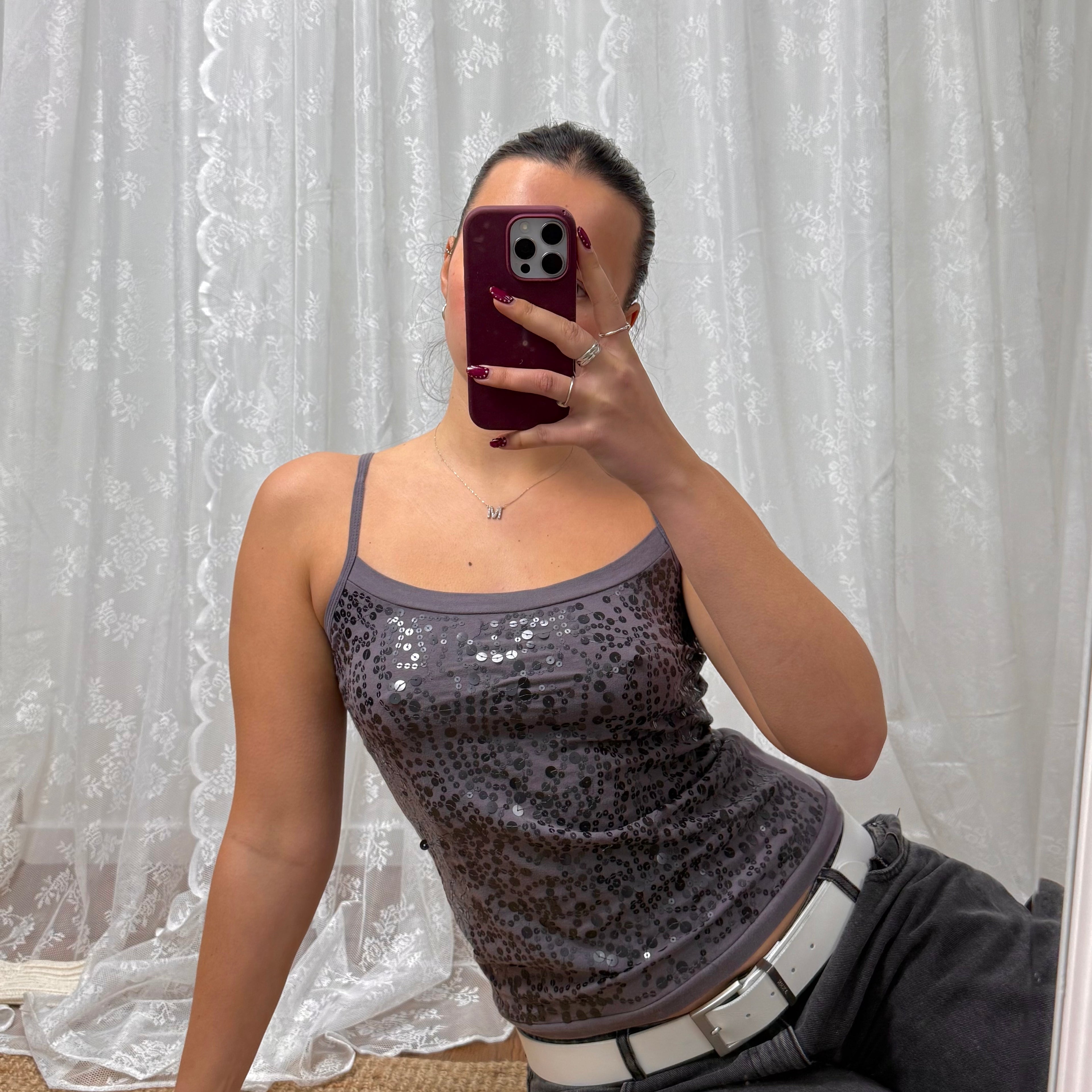 Grey sequin cami top