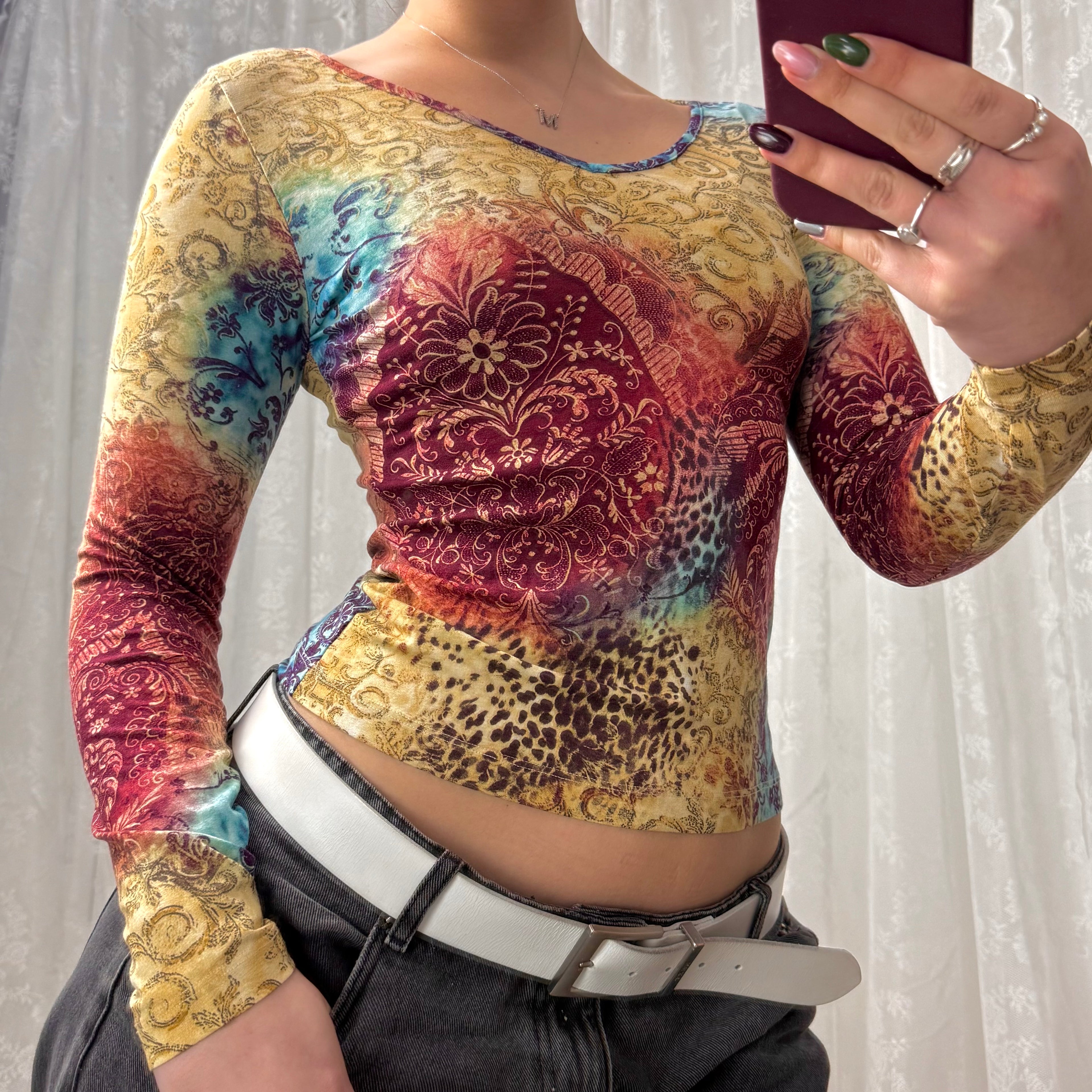 Multicoloured slinky patterned v neck long sleeved top