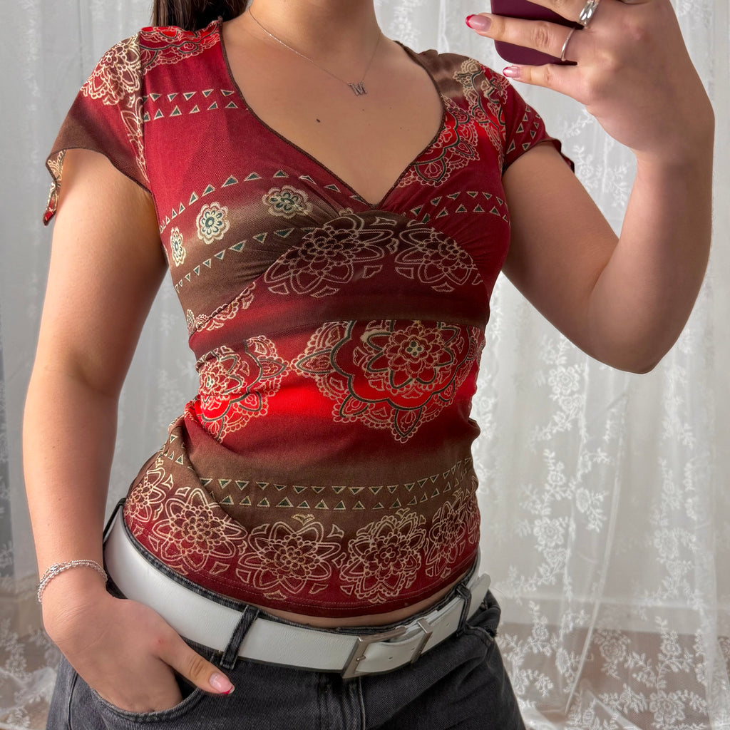 Red mesh glittery patterned top with tie back