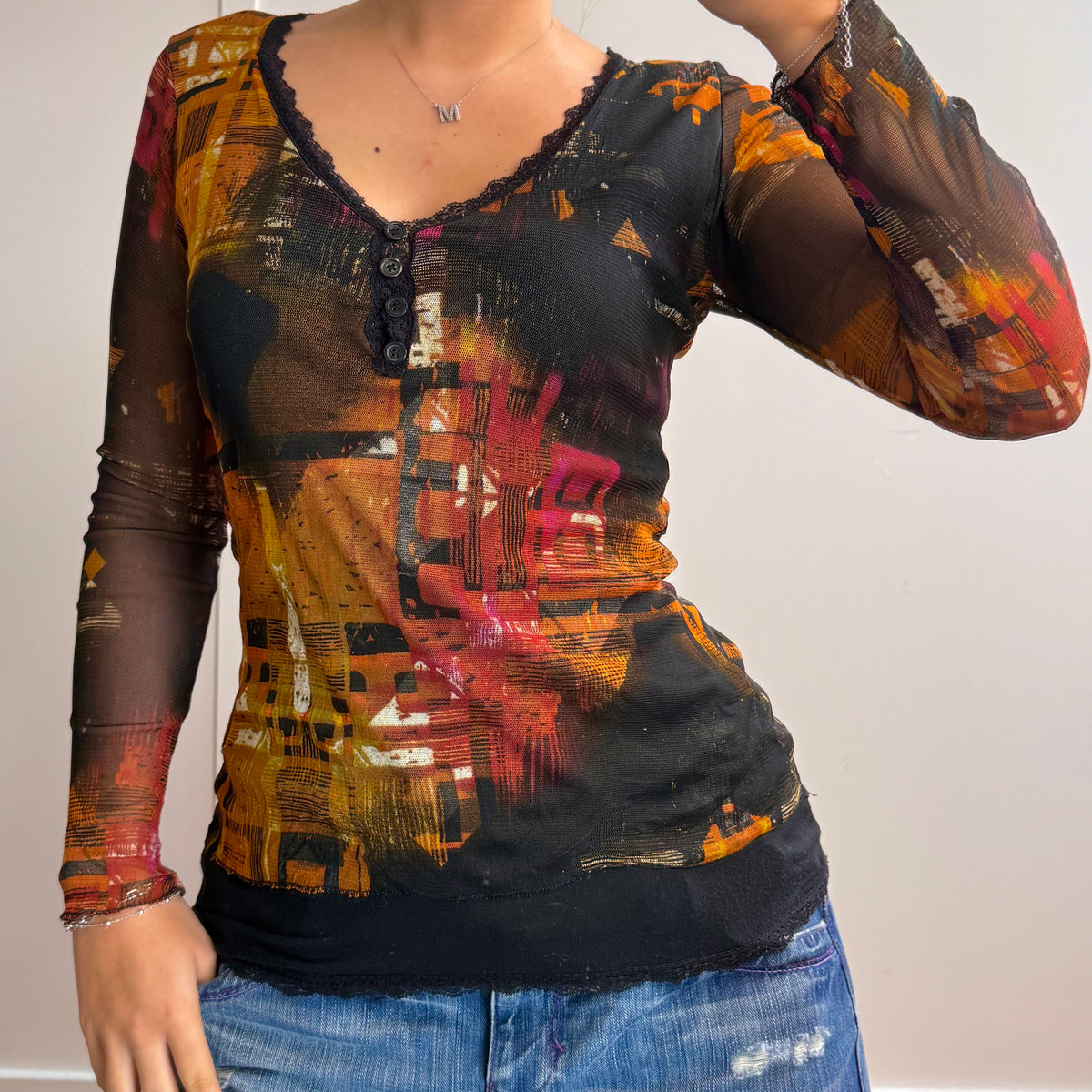 Black mesh layered long sleeved top