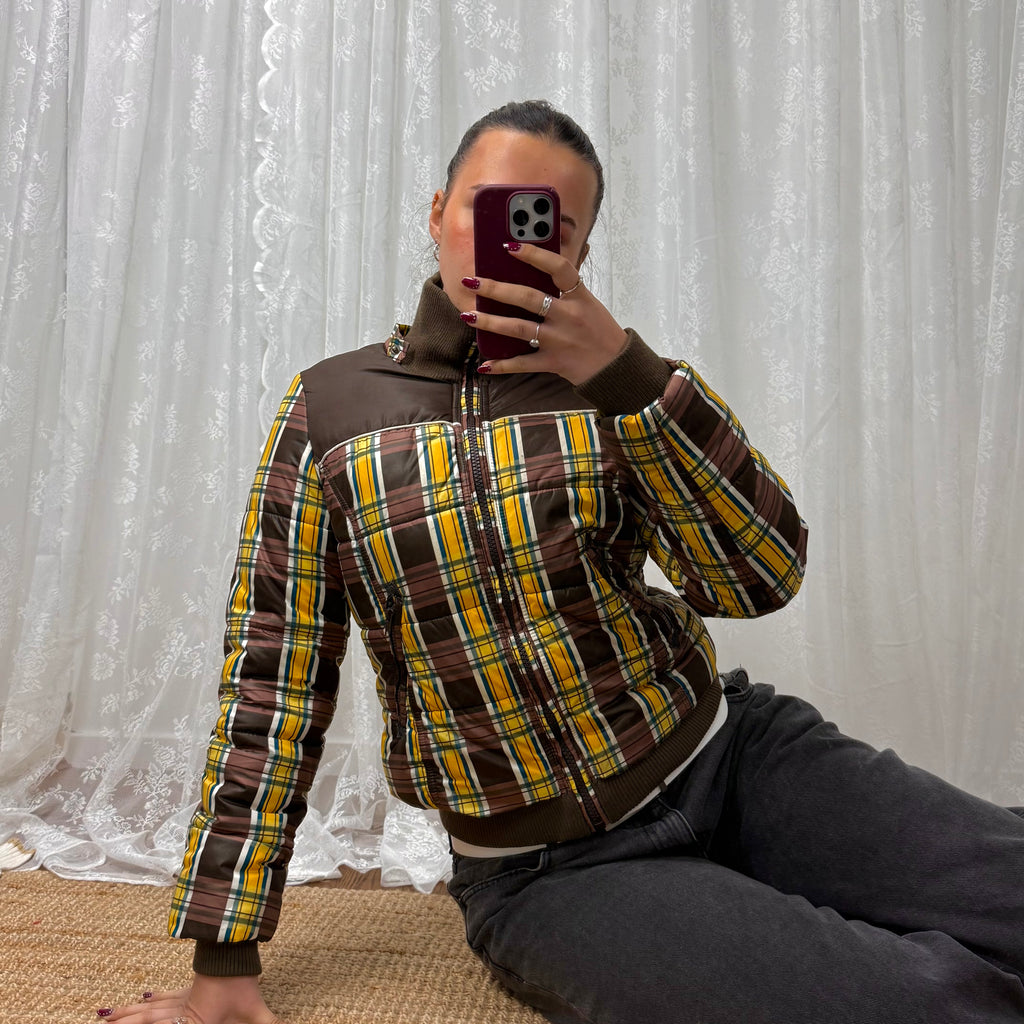 Brown and yellow vintage checkered padded jacket