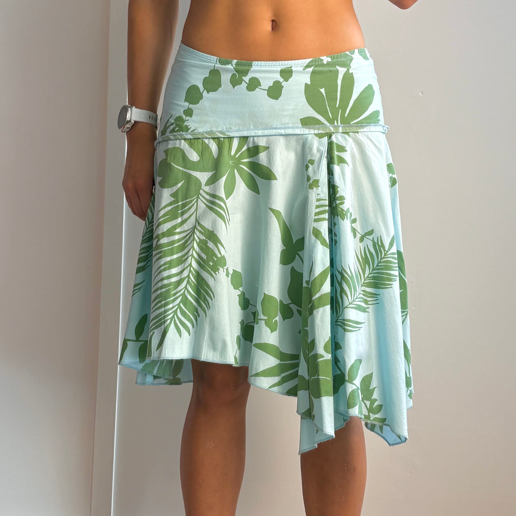 Blue and green low waisted asymmetrical midi skirt