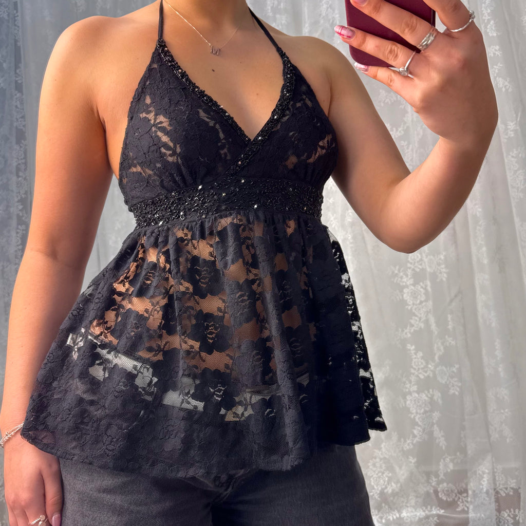 Black lace and beaded halterneck top
