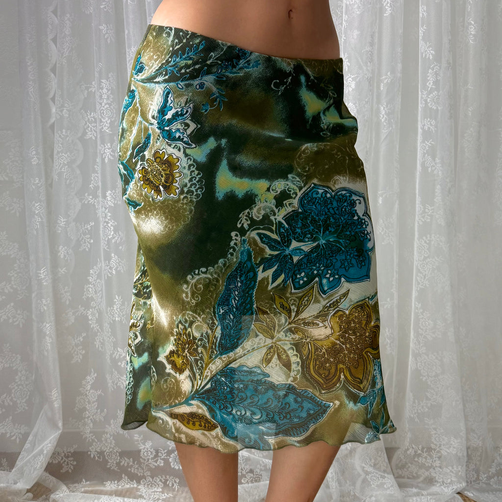 Green patterned mesh midi skirt