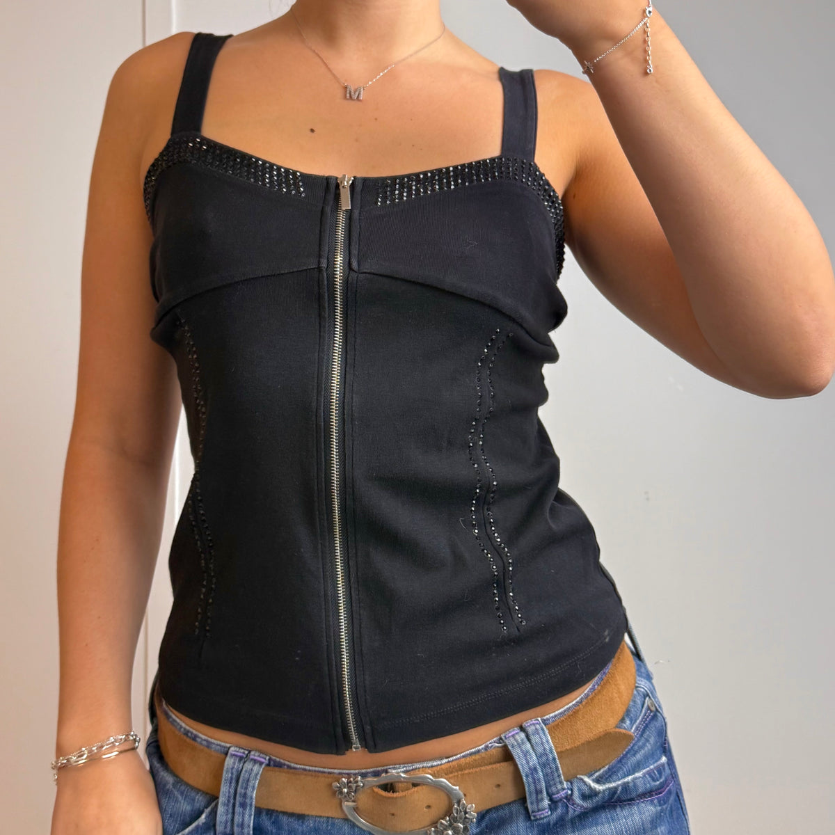 Black gem zip up cami
