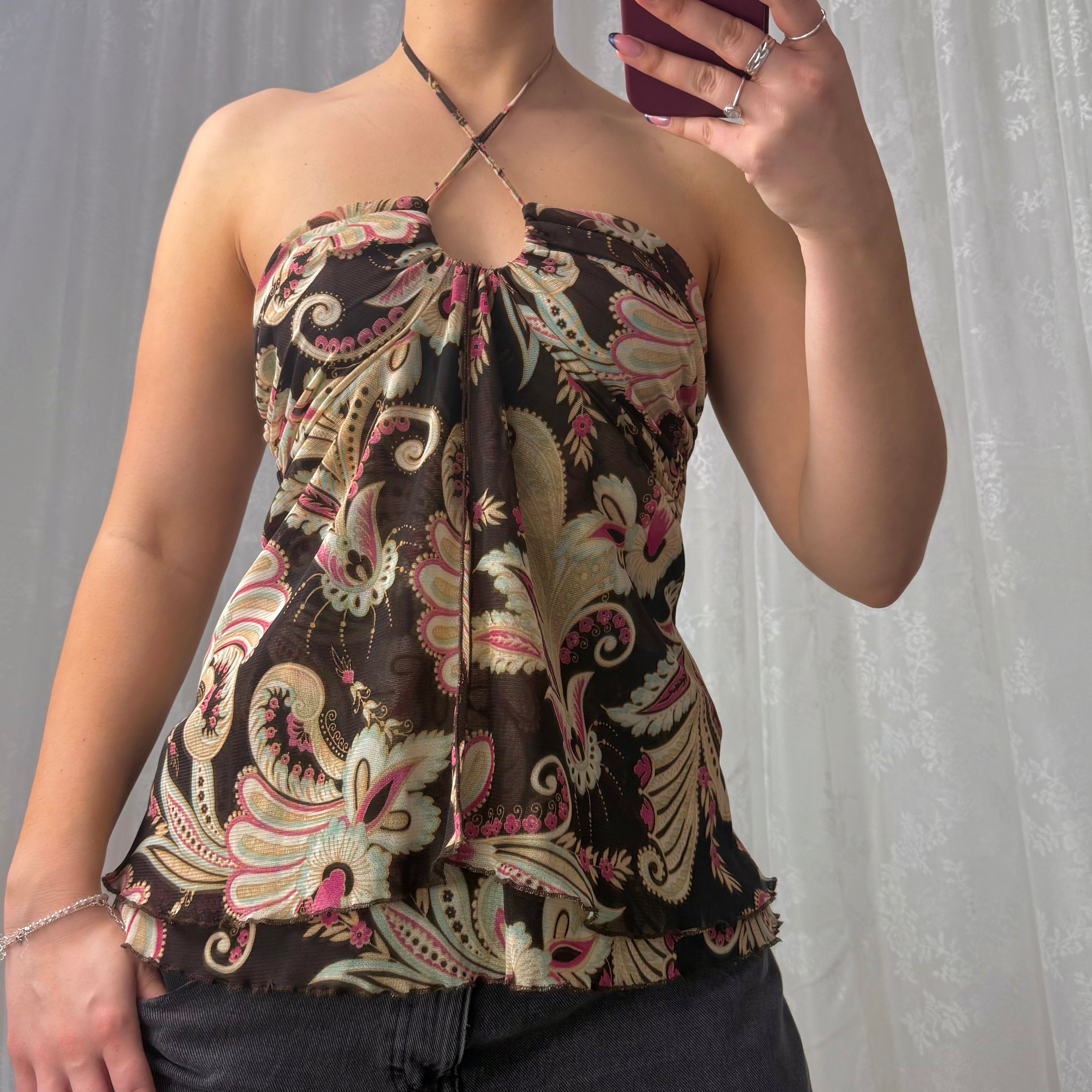 Brown floaty patterned halterneck top