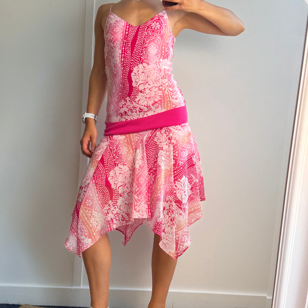 Pink patterned mesh midi dress