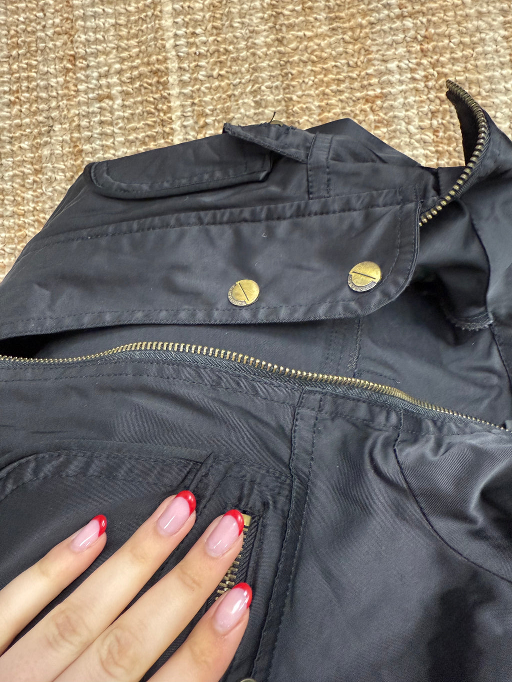 Black and gold shiny zip up cargo jacket