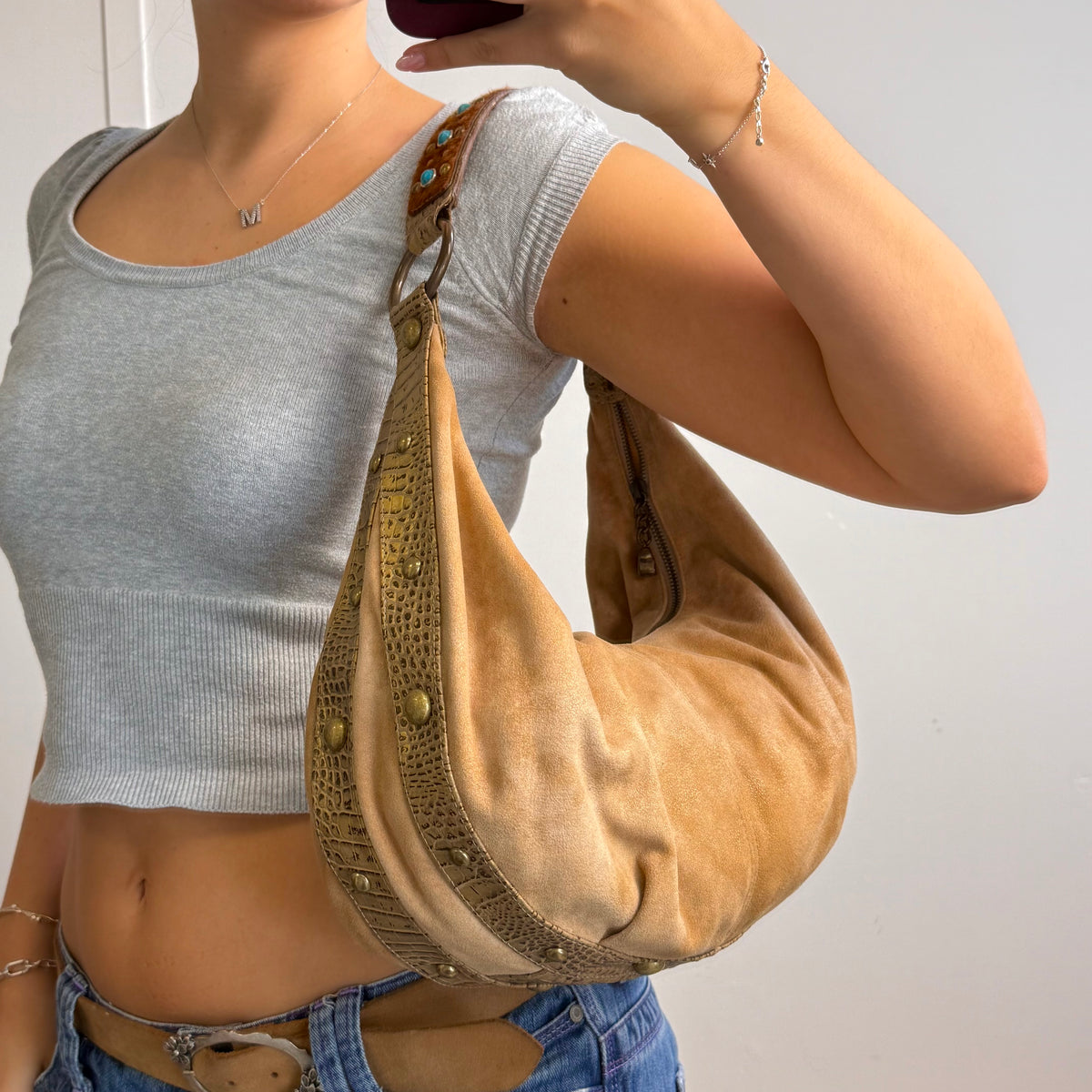 Beige suede KATHY VAN ZEALAND detailed bag
