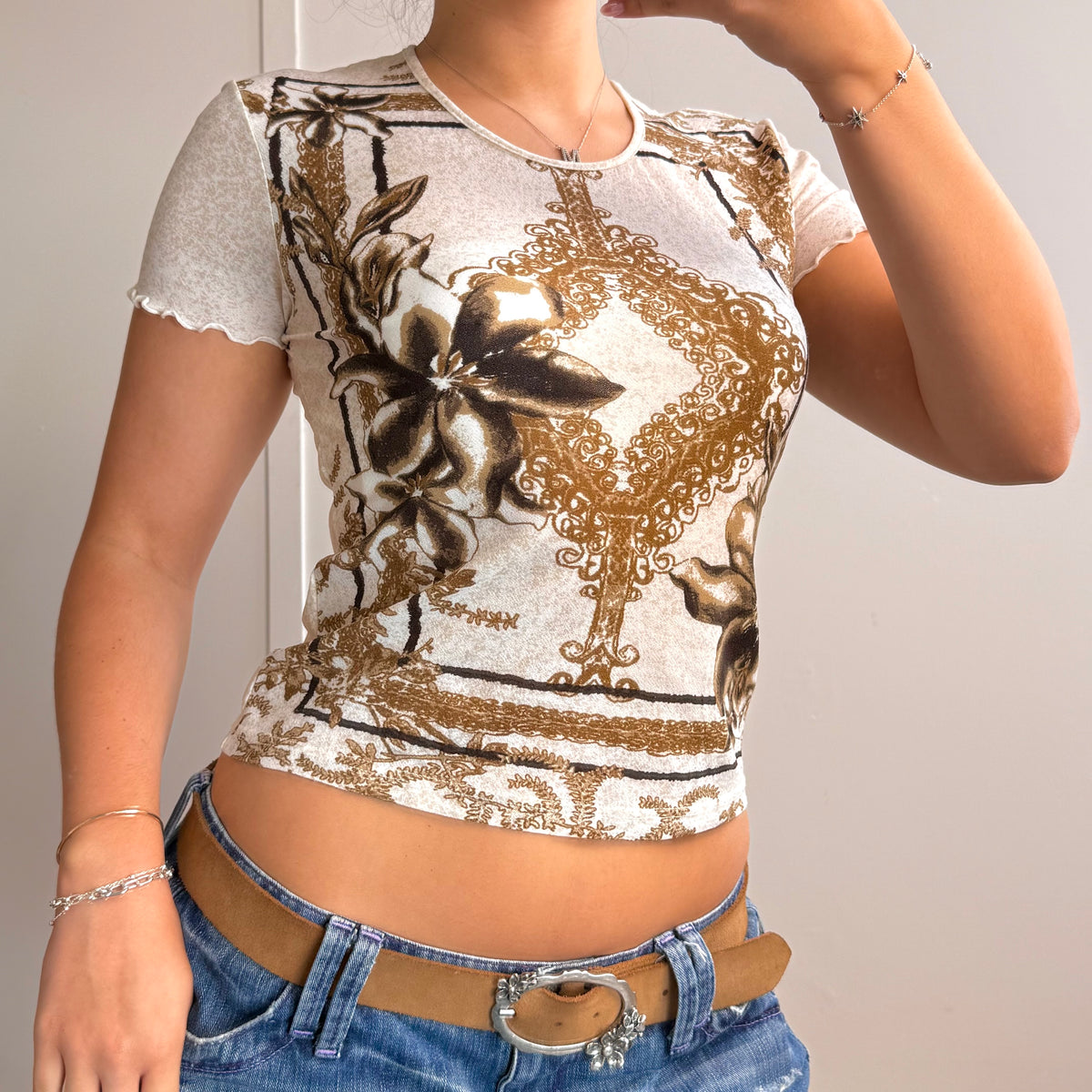 White patterned mesh baby tee