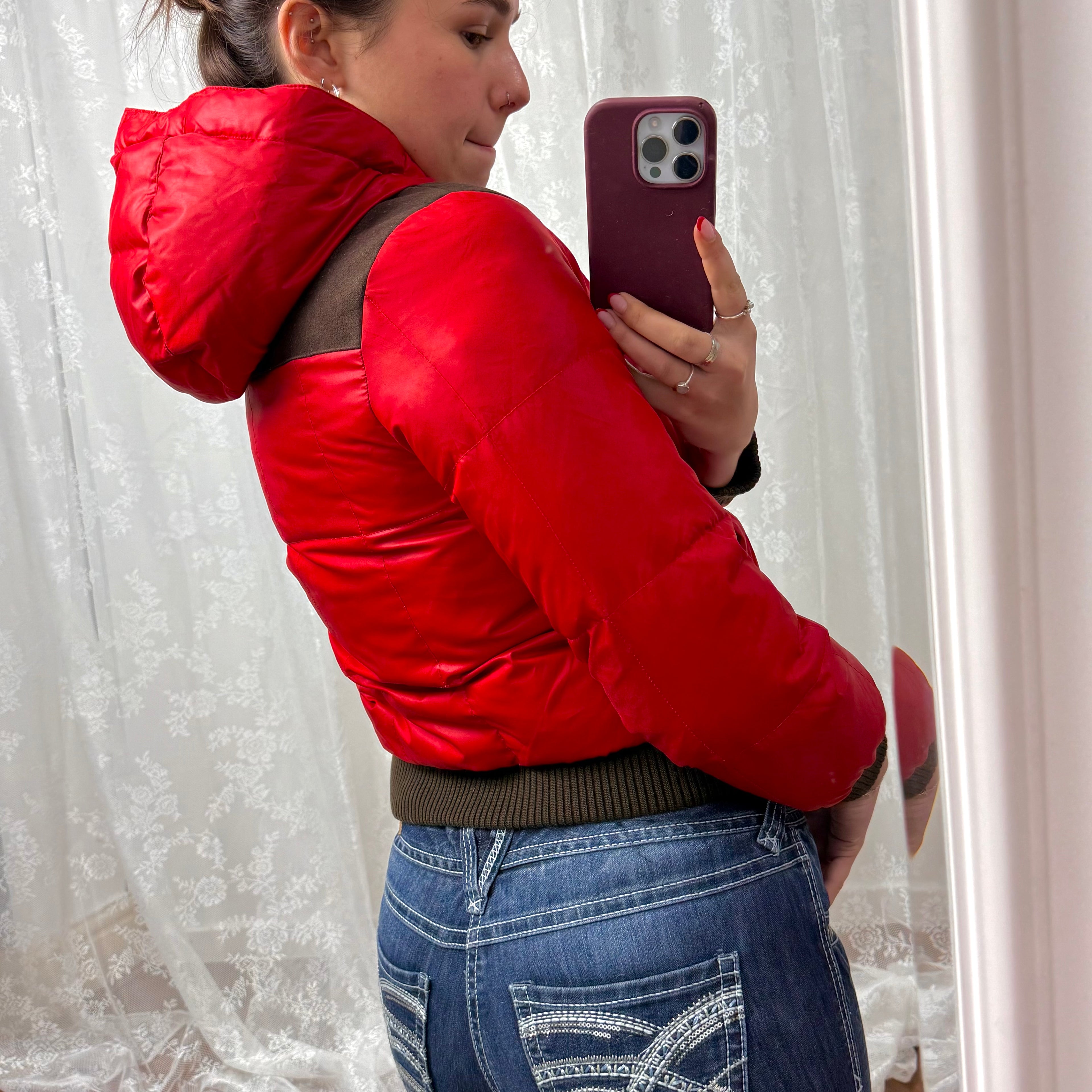 Brown and red puffer jacket