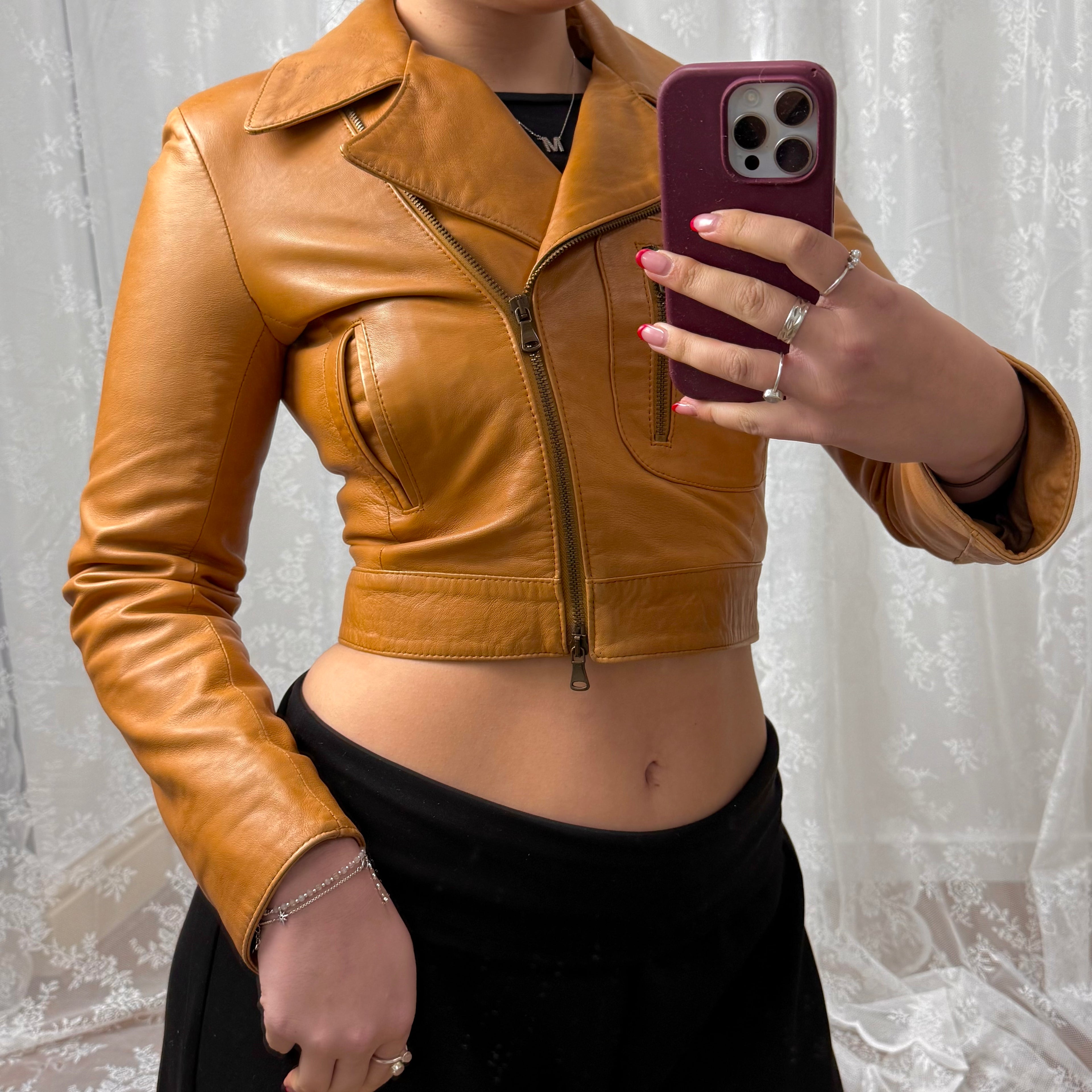 Tan cropped leather jacket with collared detail