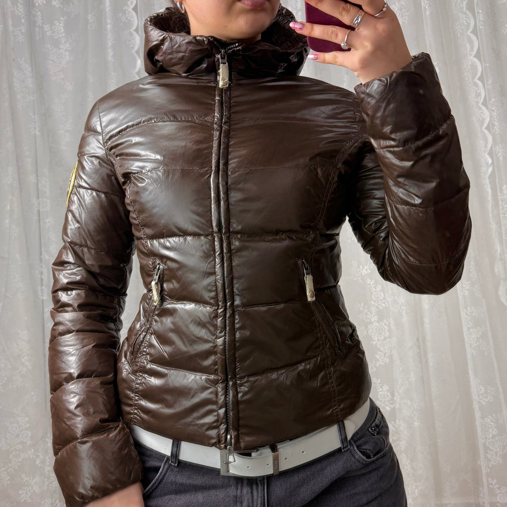 Brown shiny puffer jacket with gold embroidery