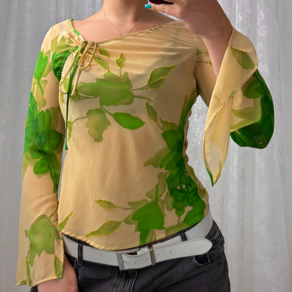 Beige and green beaded mesh long sleeve with tie detail