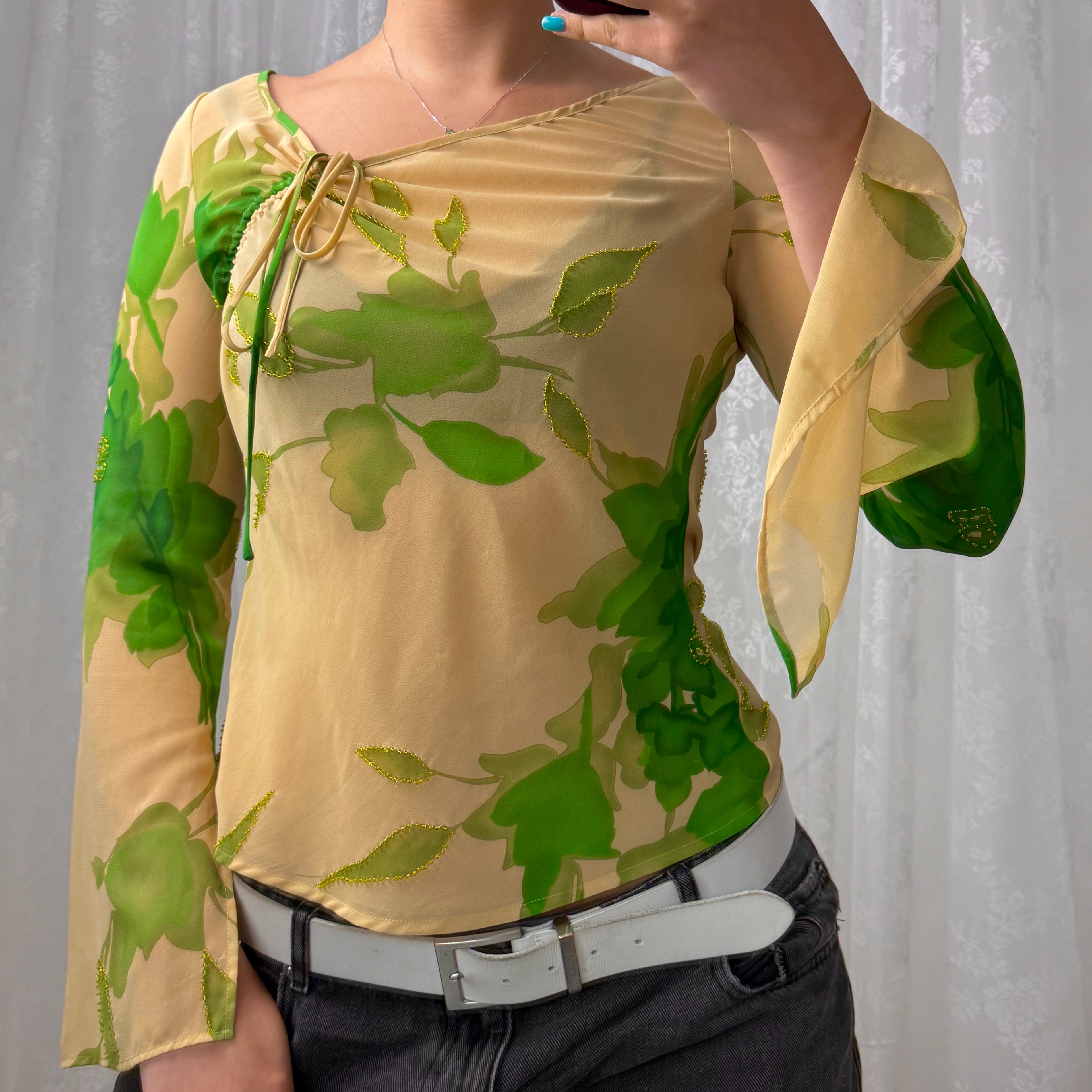 Beige and green beaded mesh long sleeve with tie detail
