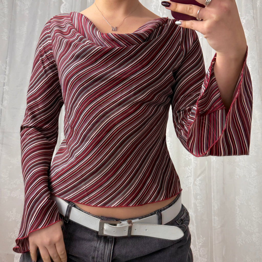 Red striped cowl neck long sleeved top