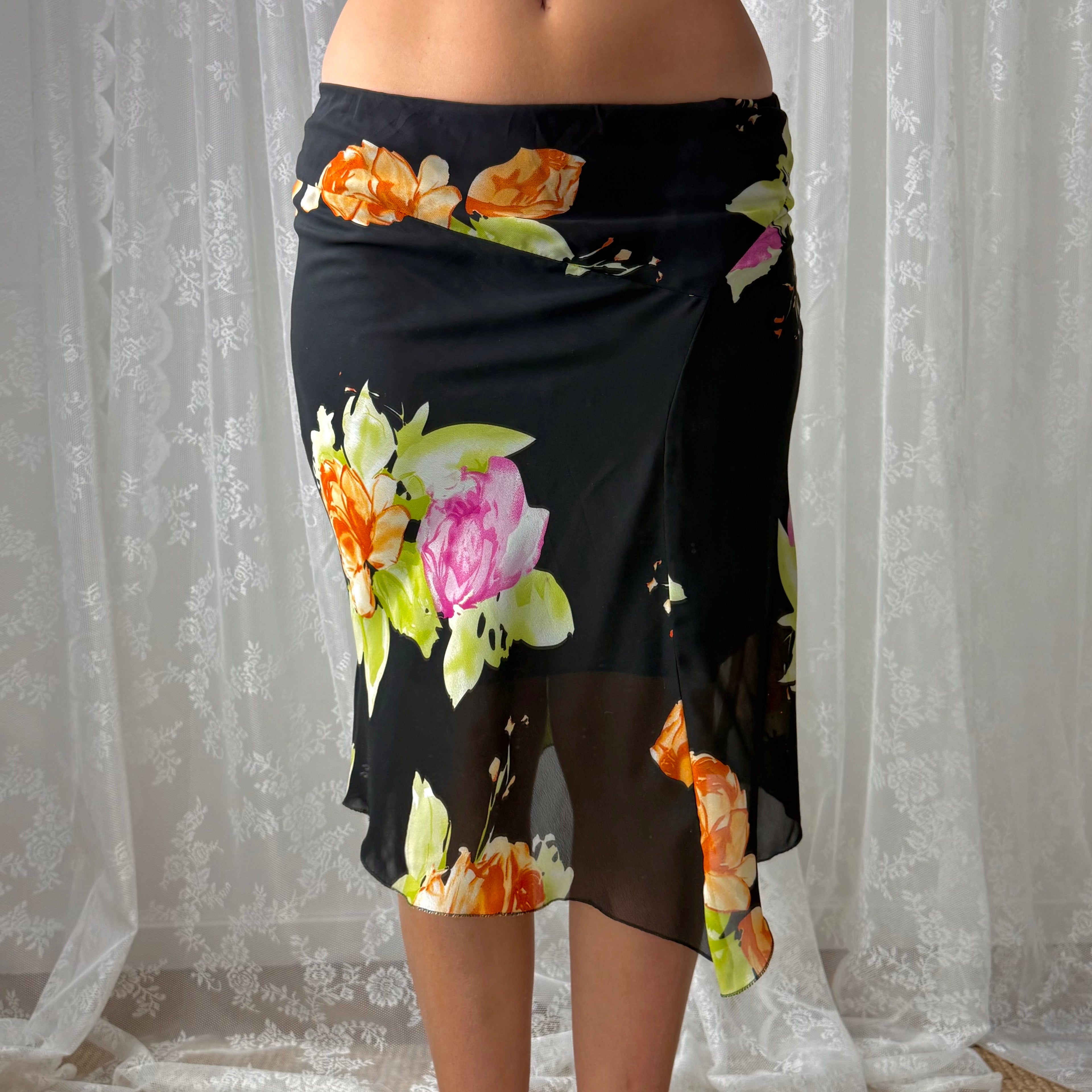 Black floral asymmetrical mesh midi skirt