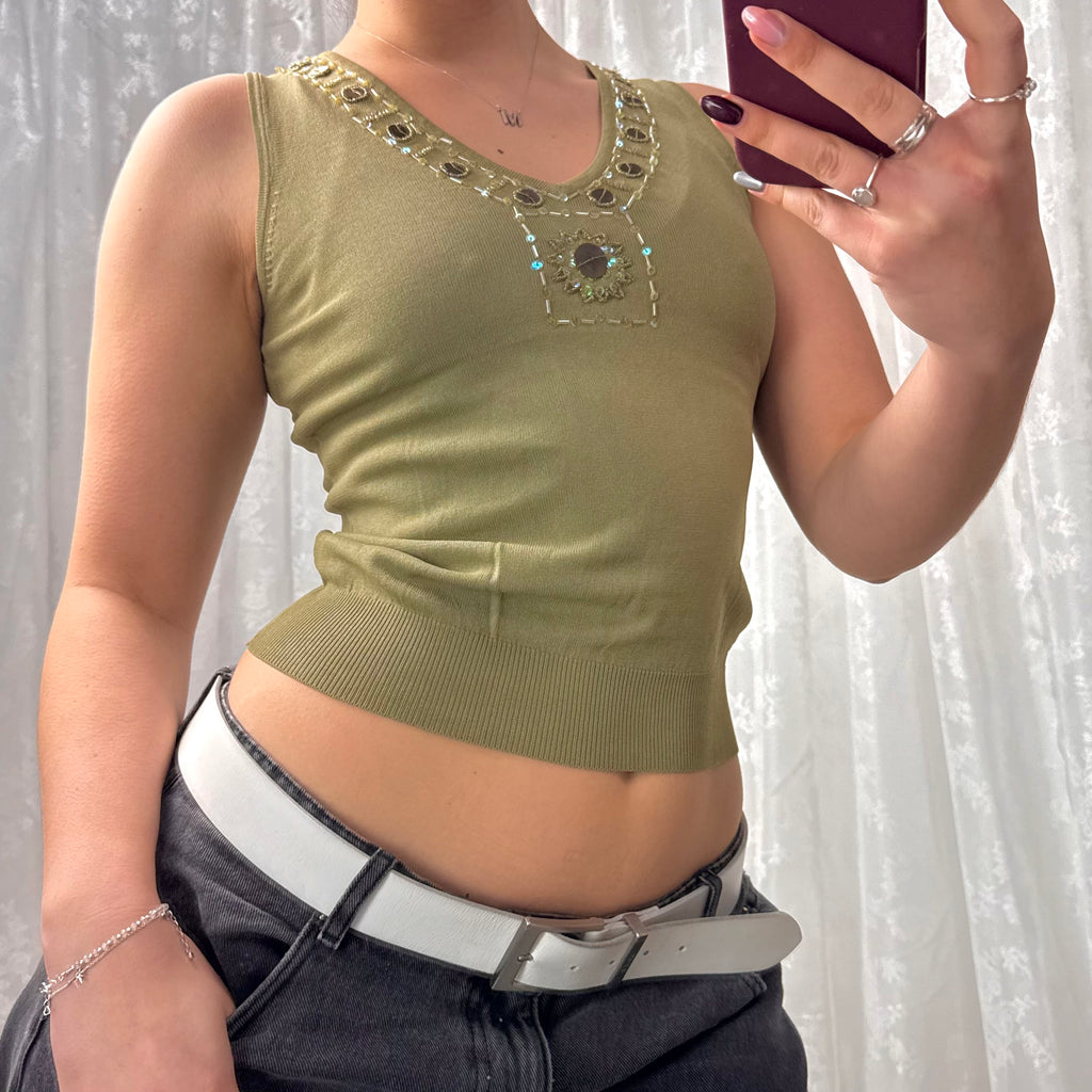 Green sequin and beaded v neck top