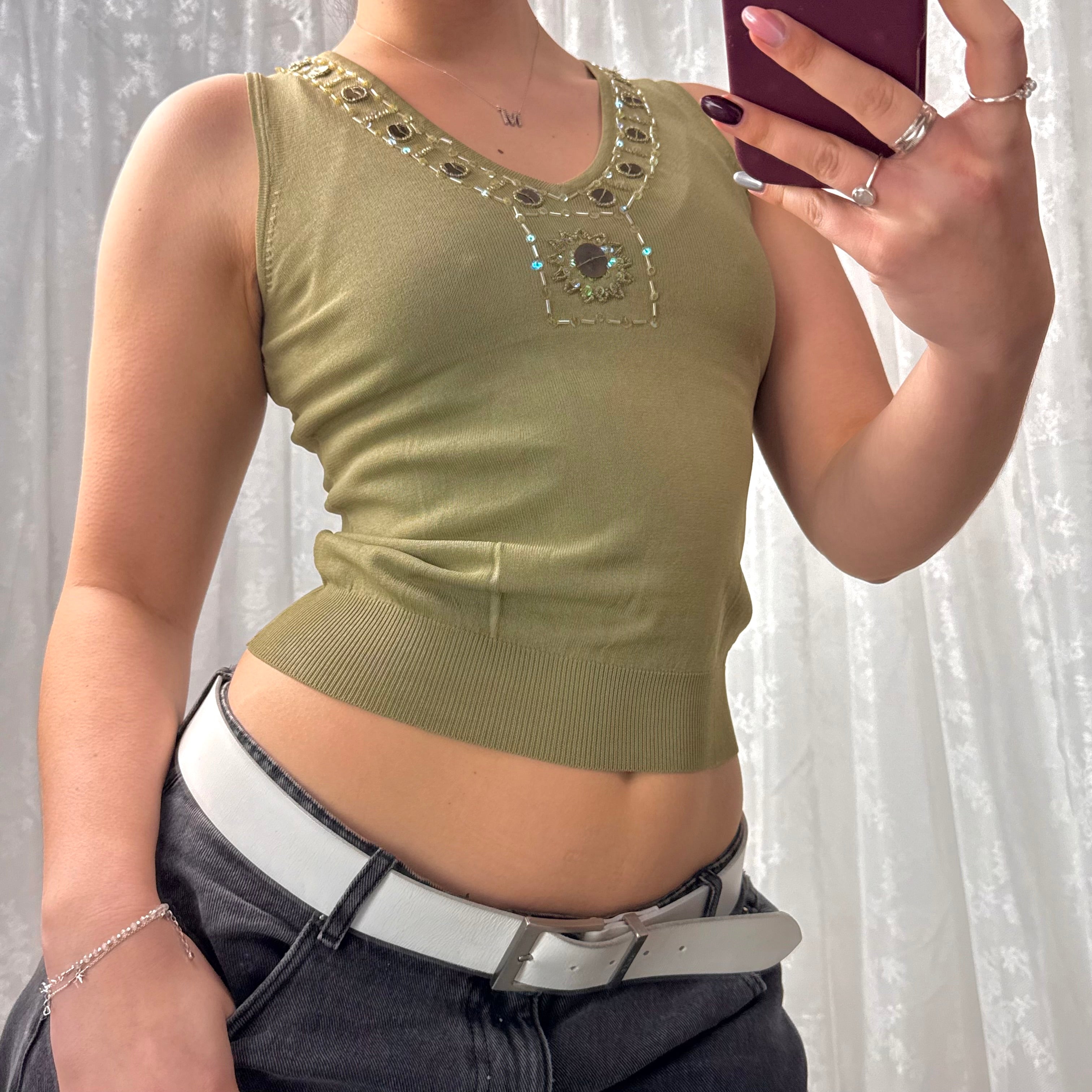 Green sequin and beaded v neck top