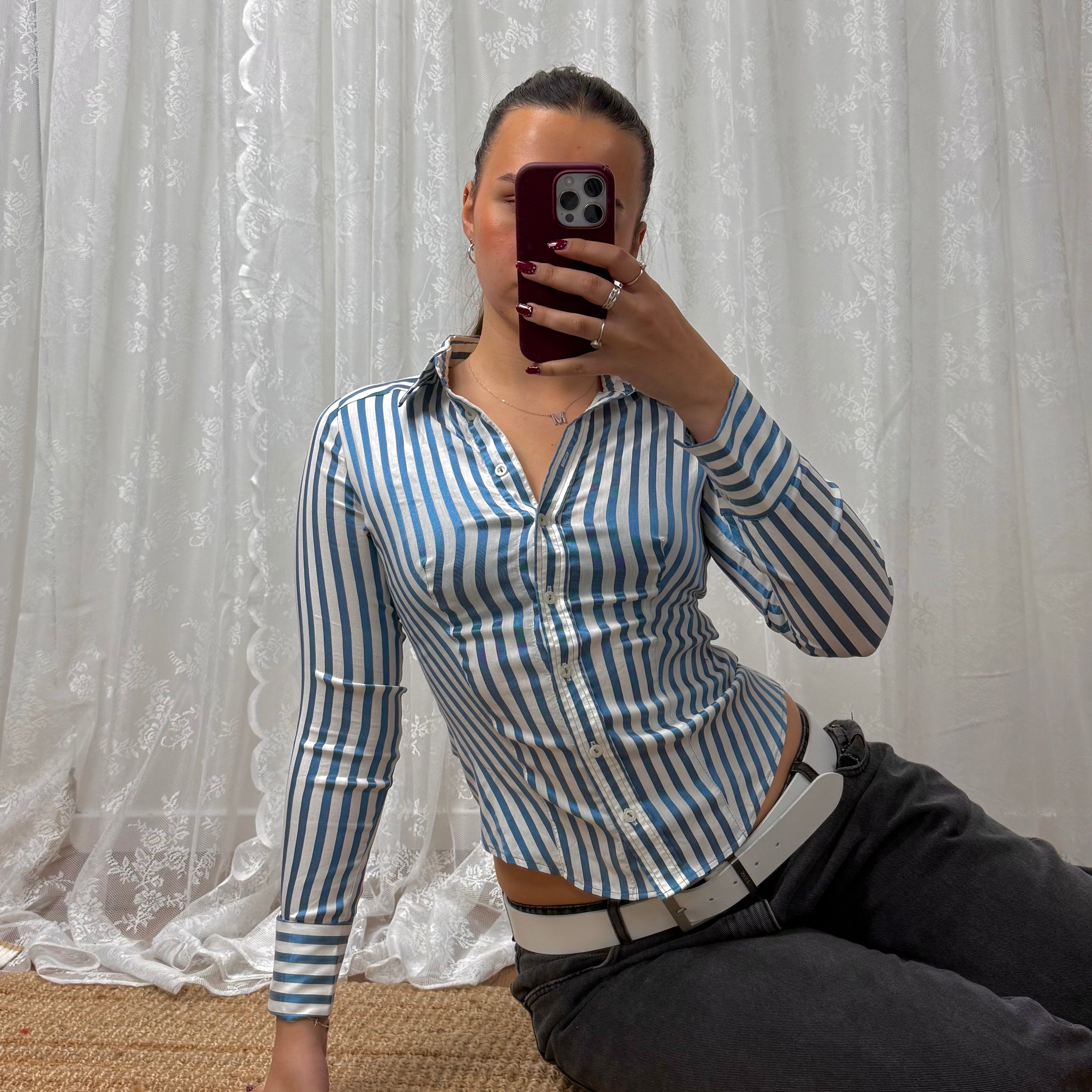 Blue and white striped vintage shiny shirt