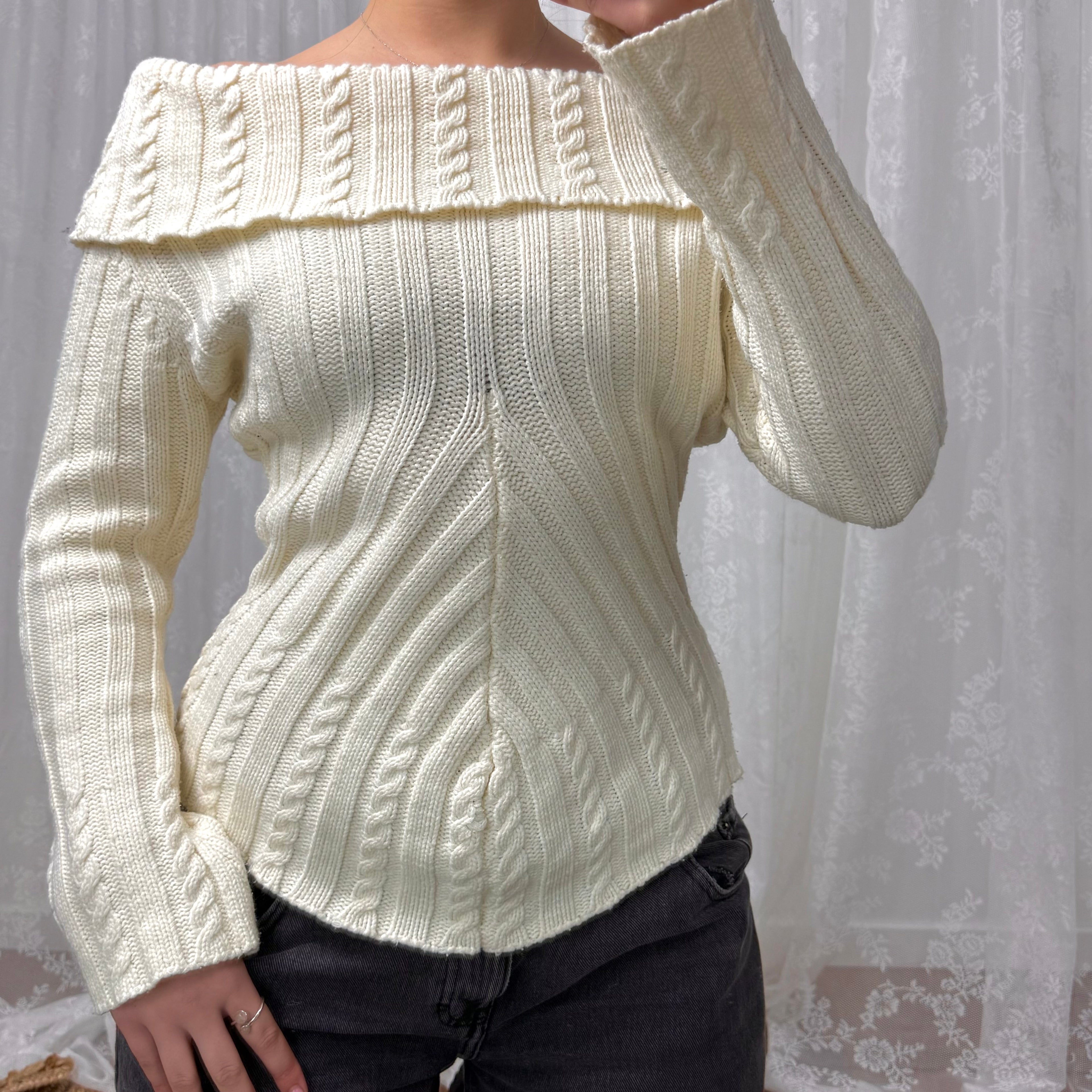 Cream off the shoulder chunky knit sweater